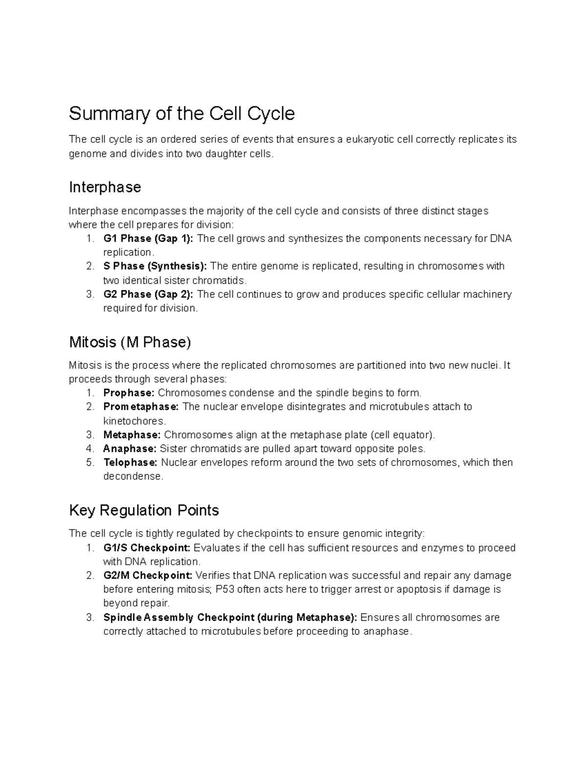 Cell Cycle Summary: Key Phases and Regulation Points - Studocu