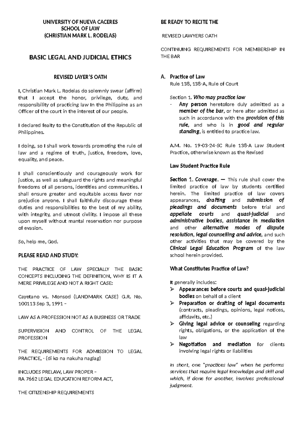 Revised Lawyers Oath and Basic Legal Ethics Notes (LAW 101) - Studocu