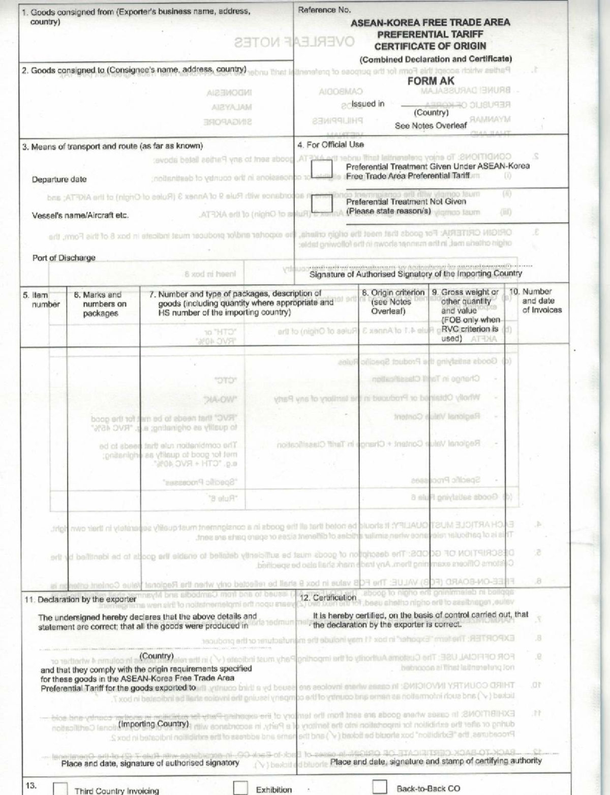 AK - CO Form: Free Trade Area Preferential Tariff Certificate - Studocu
