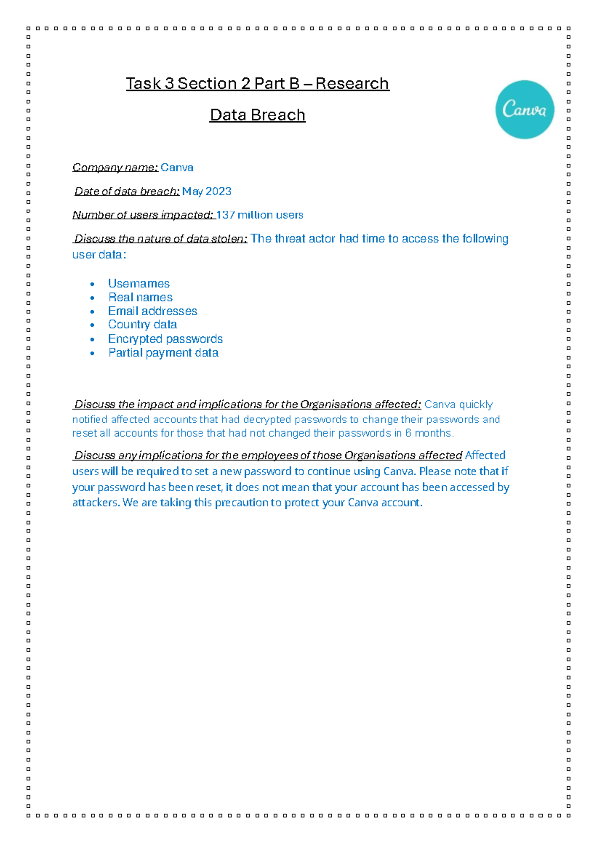 Task 3 Sec 2 Part B - Data Breach Analysis - Canva Case Study - Studocu