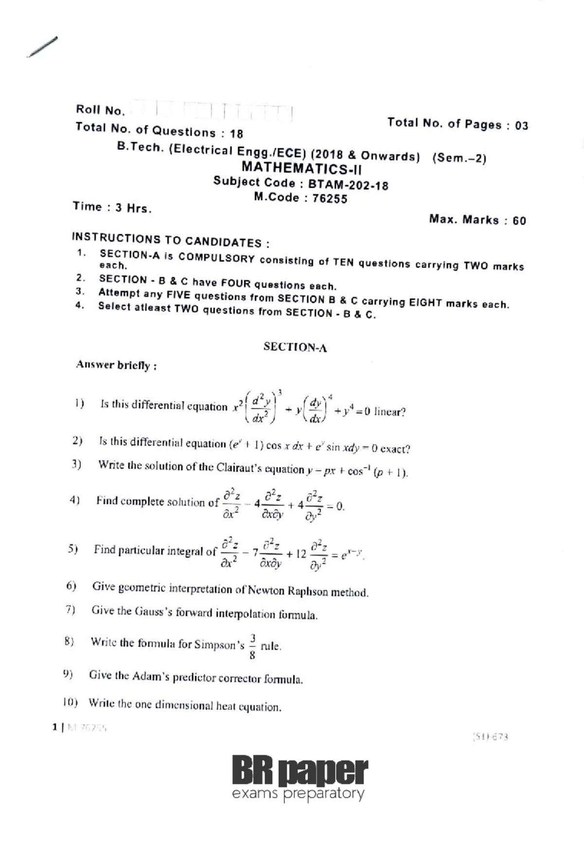 B. Tech. M. Code 76255 May 2020 Math 2nd Sem Question Paper - Studocu