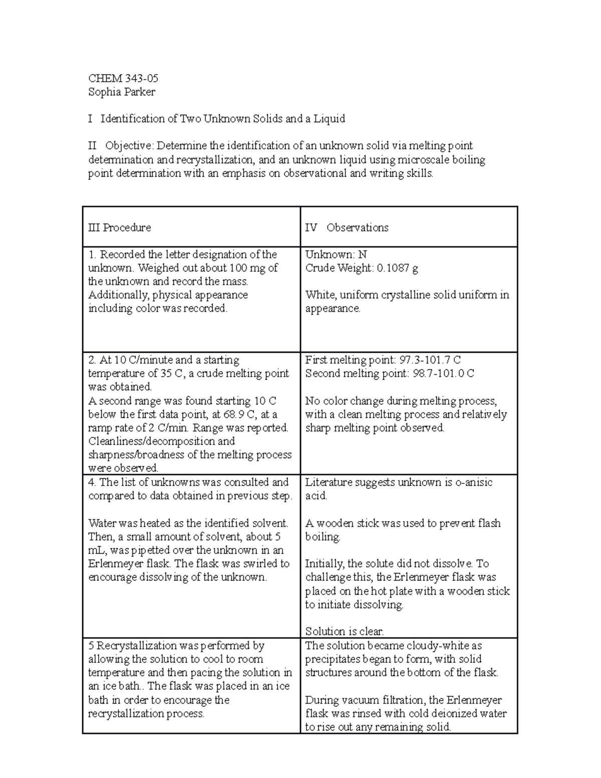 CHEM 343 EXP 2 Final Report: Identifying Unknown Solids & Liquids - Studocu