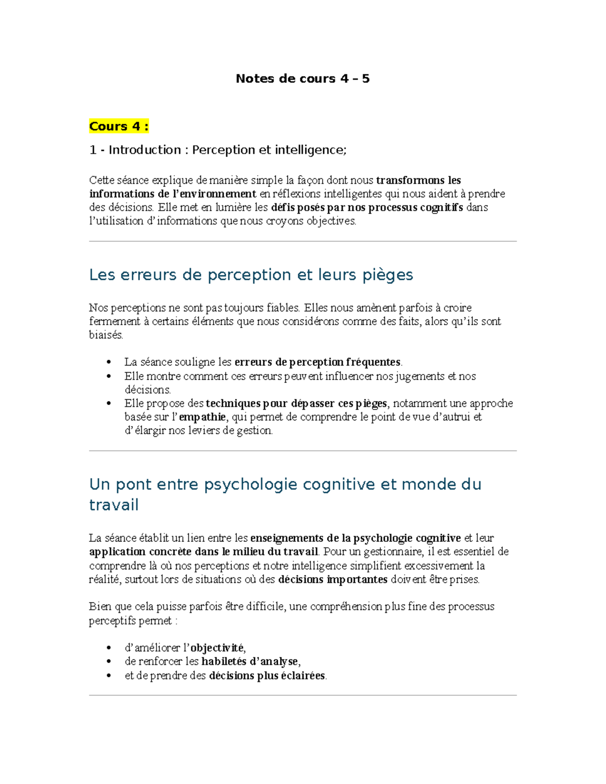 Notes de cours 4-5 : Introduction à la Perception et Cognition - Studocu