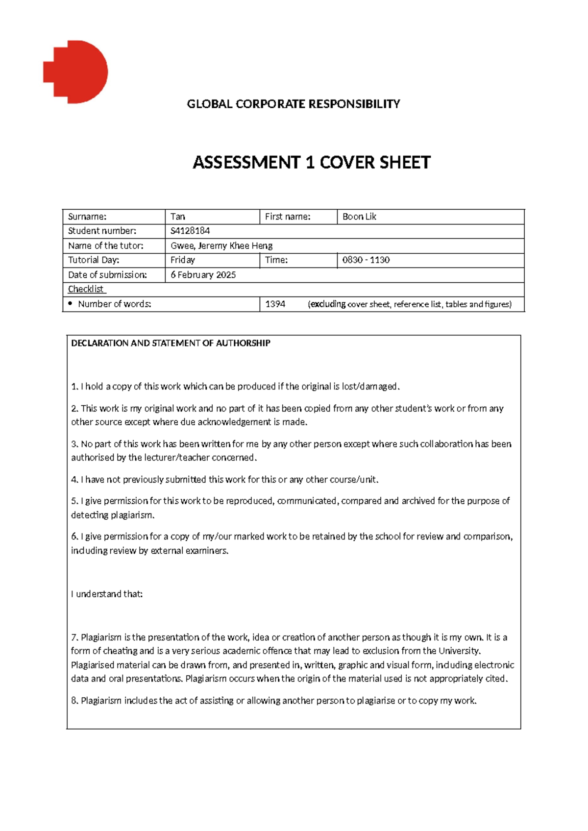 Boon Lik CSR Assignment 1-1 - GLOBAL CORPORATE RESPONSIBILITY ...