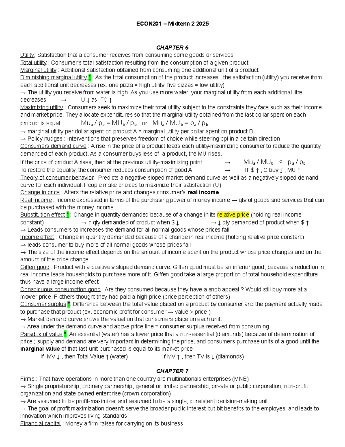 ECON201 Midterm 2 Study Notes: Utility, Consumer Behavior & Firms - Studocu