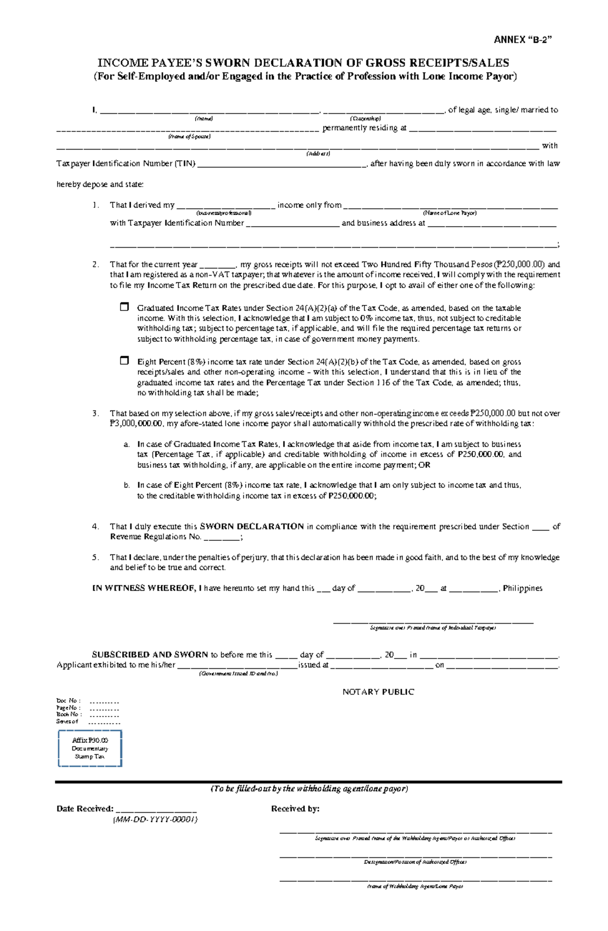BIR Forms - Sworn Declaration of Gross Receipts for Service Contracts ...