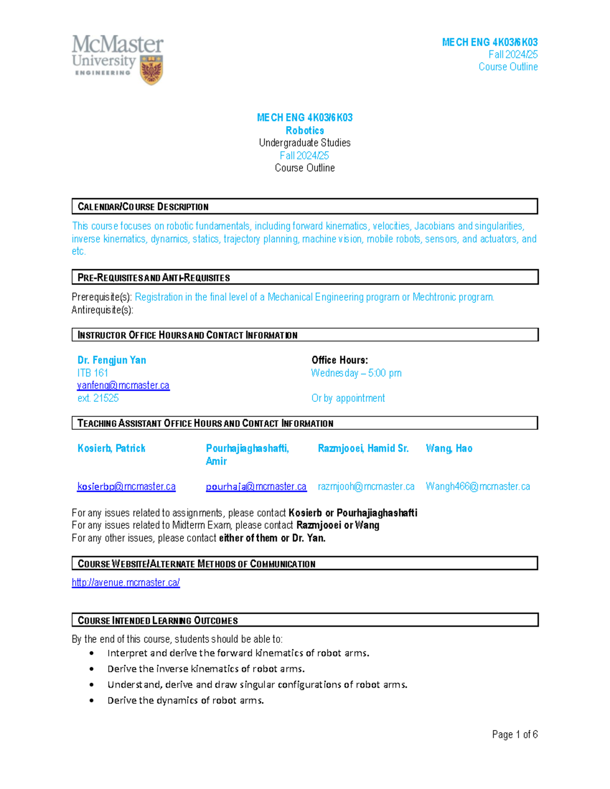 Course Outline 2024-2025 ME4K03-6K03 (updated) - Fall 2024 /2 5 Course ...