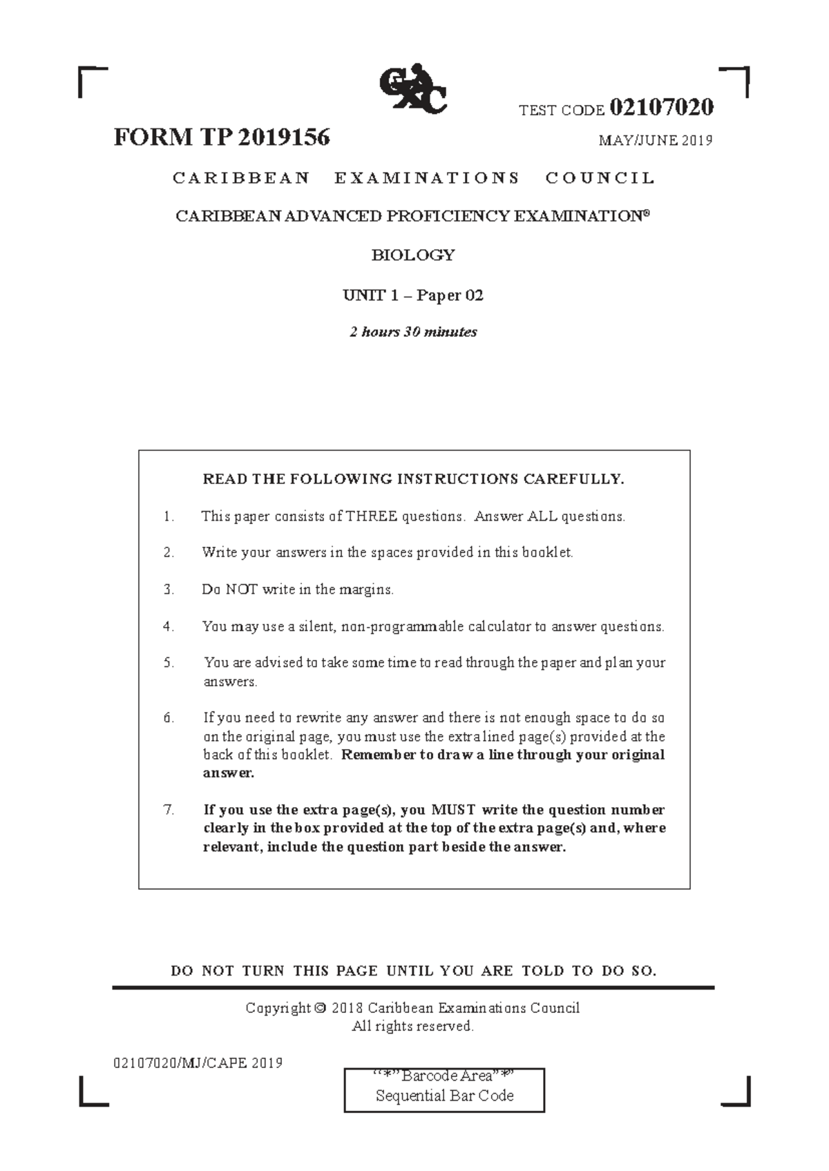 CAPE Biology Unit 1 Paper 02 Exam 2019 - Detailed Instructions and ...