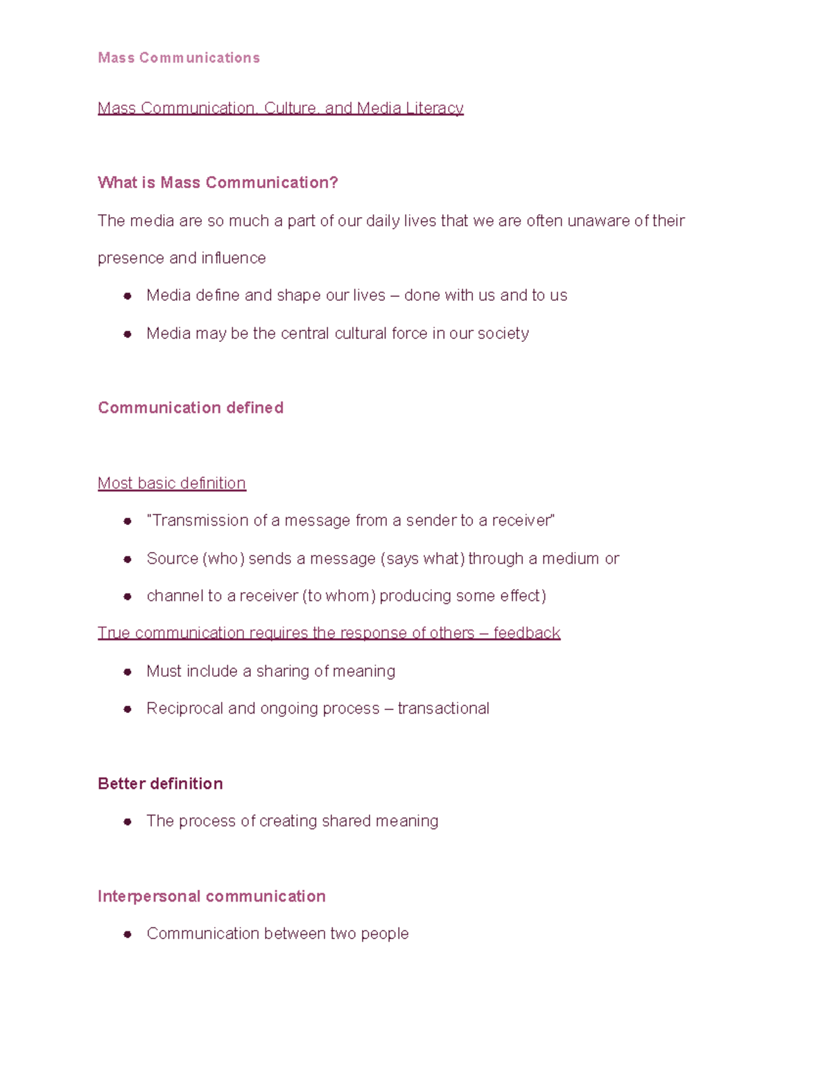AC 171 - Mass Communication and Media Literacy Overview Notes - Studocu