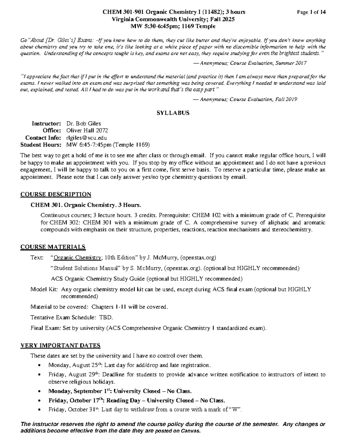 CHEM 301 Organic Chemistry I Syllabus - Fall 2025 Overview - Studocu