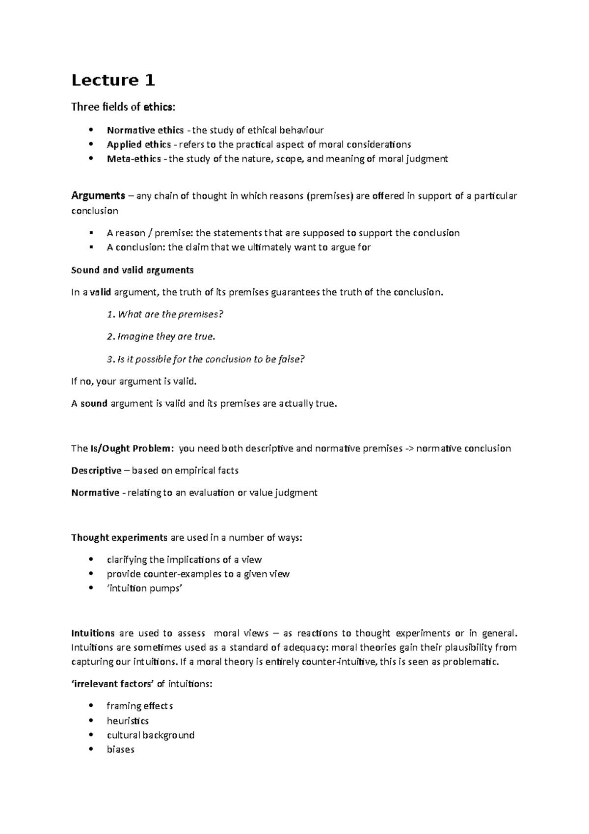 PHIL 101 - Lecture Notes on Ethics and Moral Theories - Studeersnel