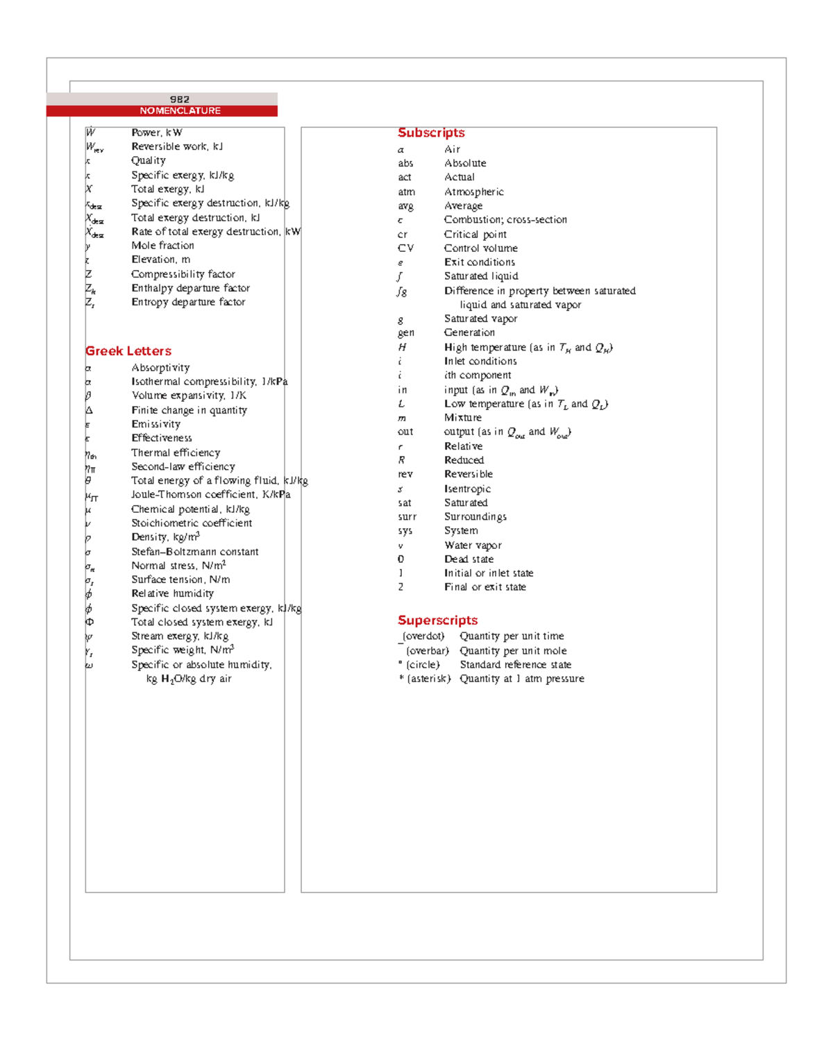 Thermodynamics Cengel: Final Exam Notes on Nomenclature and Exergy ...