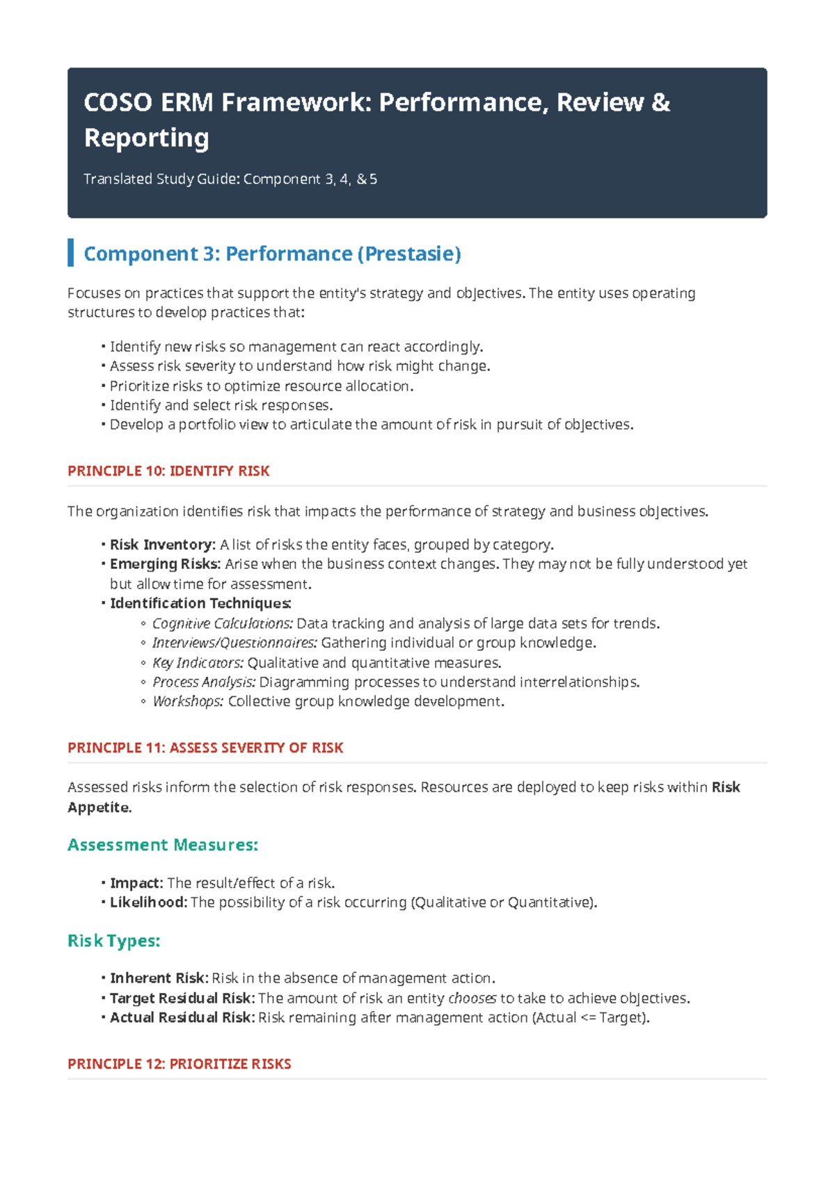 COSO ERM Framework Study Guide: Components 3-5 Overview - Studocu