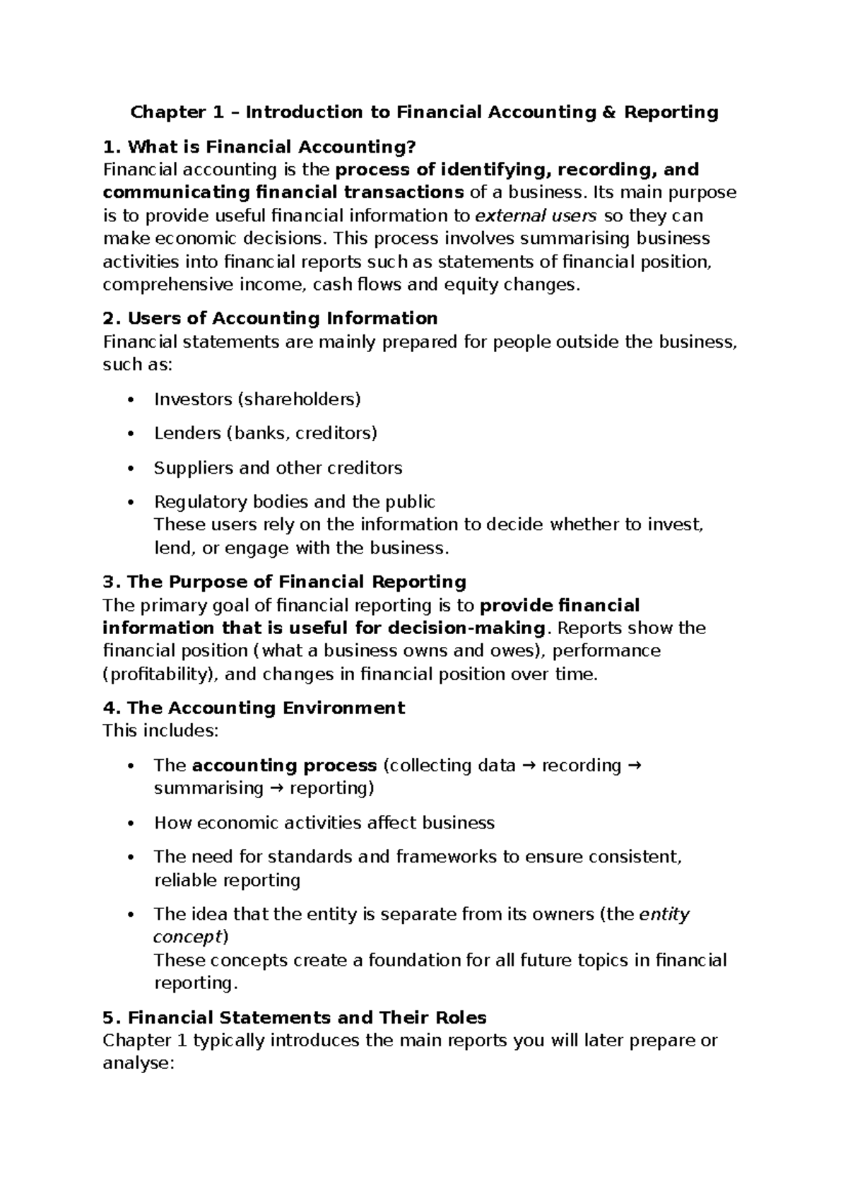 Chapter 1 - Intro to Financial Accounting Reporting Summary - Studocu