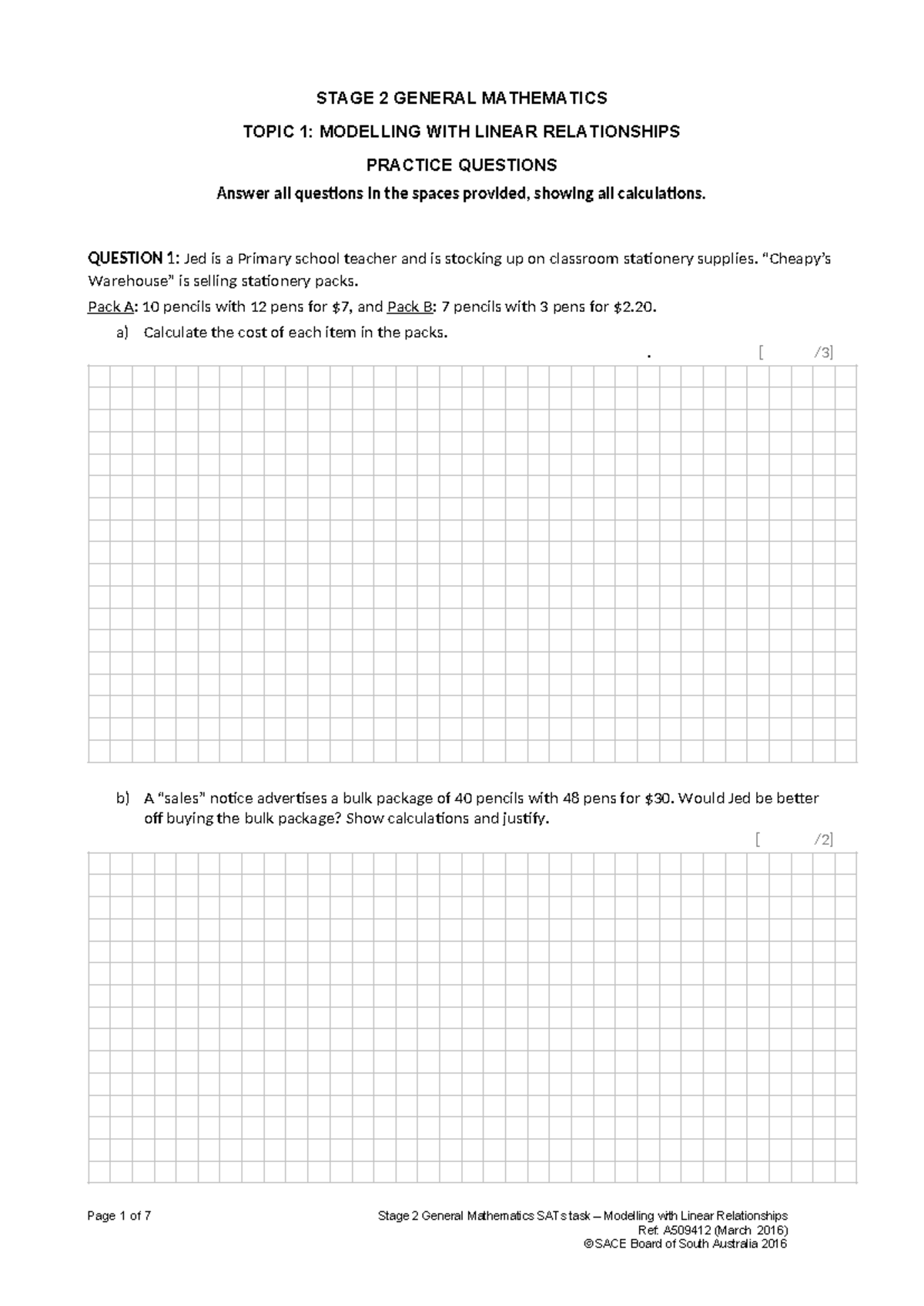 Practice Test 2 Modelling with Linear Relationships - STAGE 2 GENERAL ...
