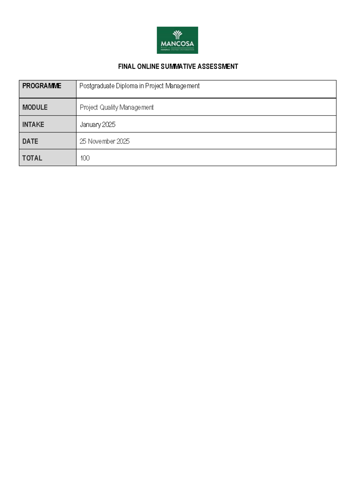 Final Online Summative Assessment: Project Quality Management - Studocu