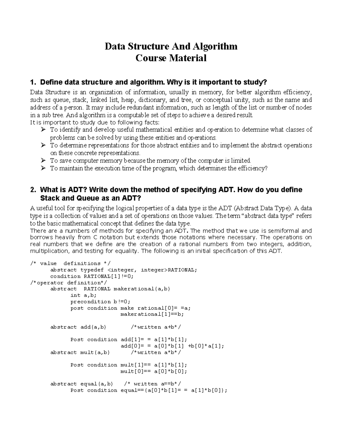 DSA Important Questions & Solutions for Course Material 1 - Studocu