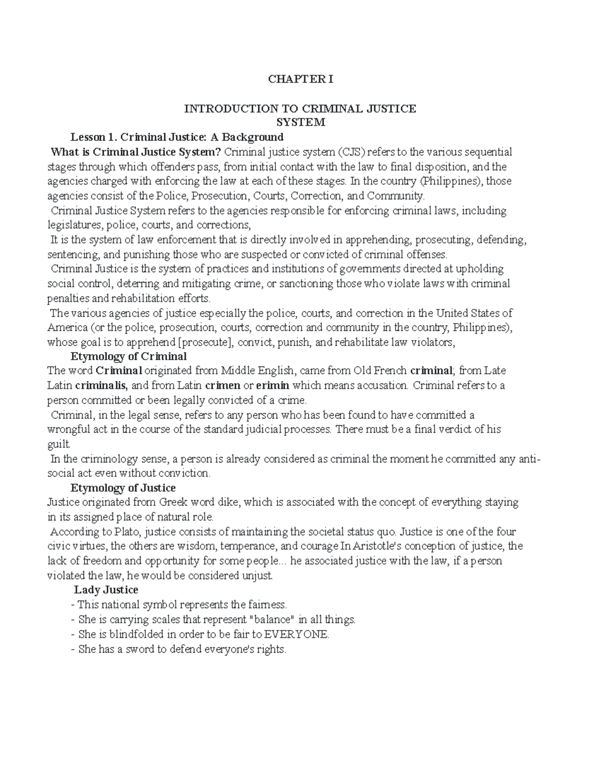 Introduction To Criminal Justice System Chapter I Introduction To