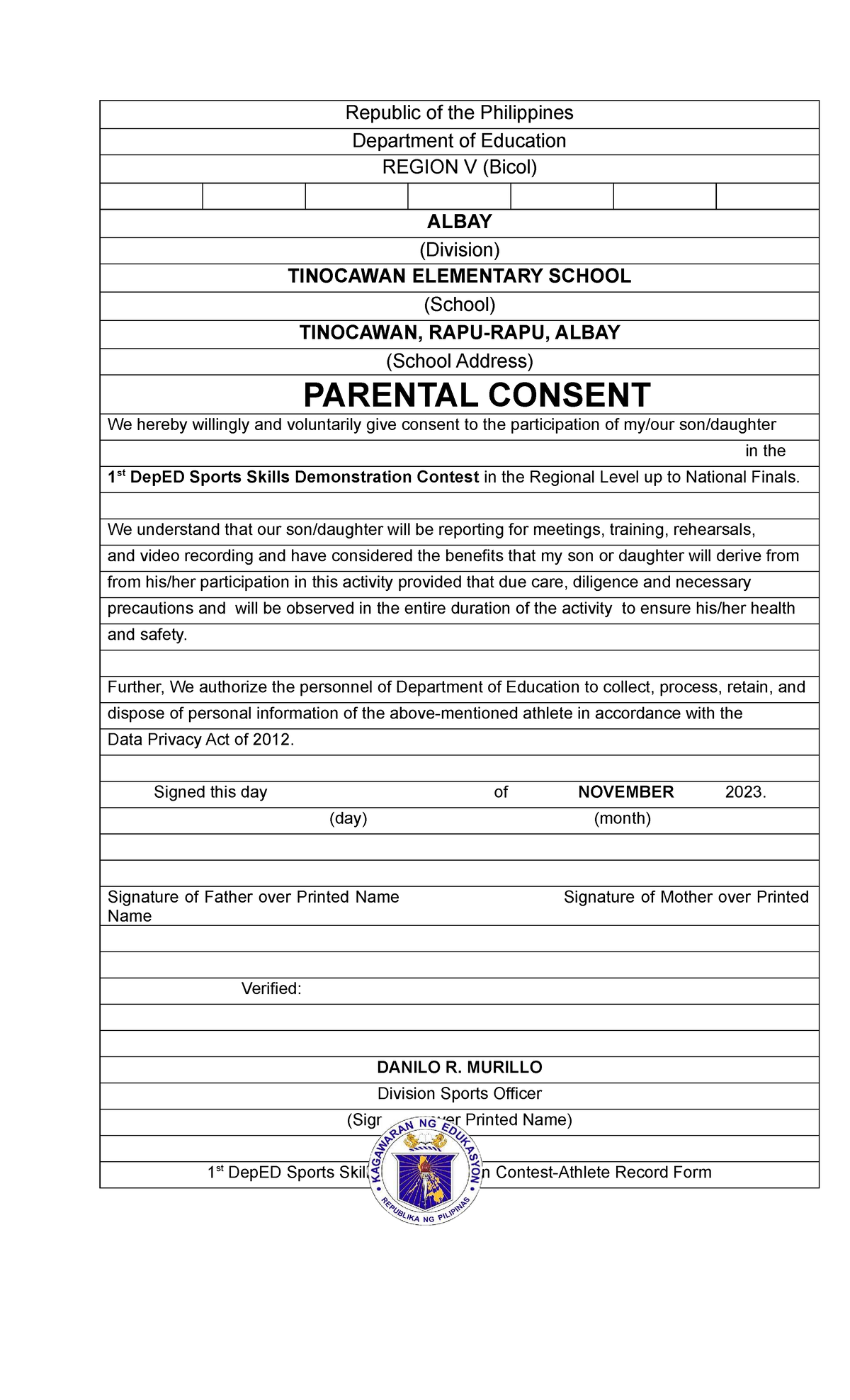 Parental Consent for DepED Sports Skills Contest - November 2023 - Studocu