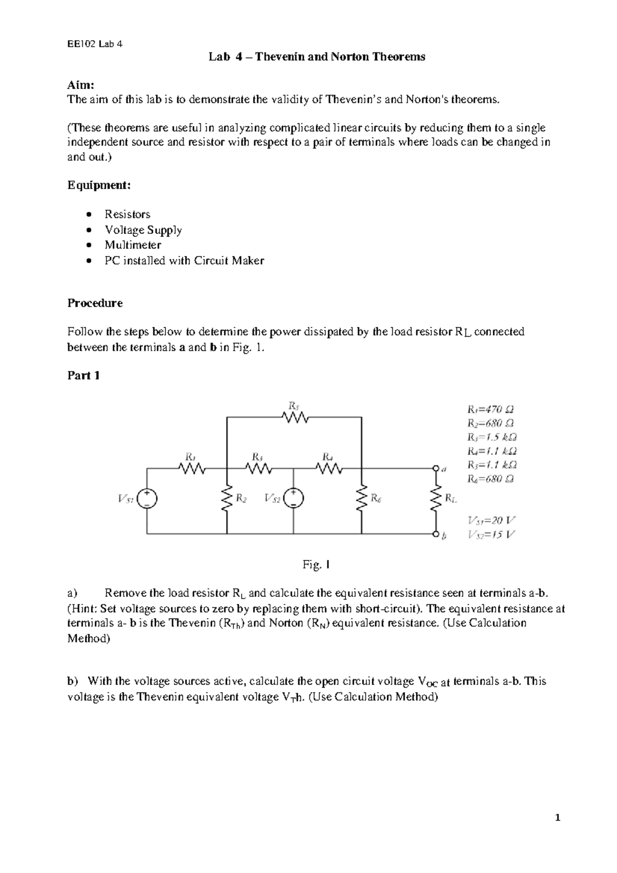 EE102 Lab 4: Exploring Thevenin & Norton Theorems in Circuits - Studocu