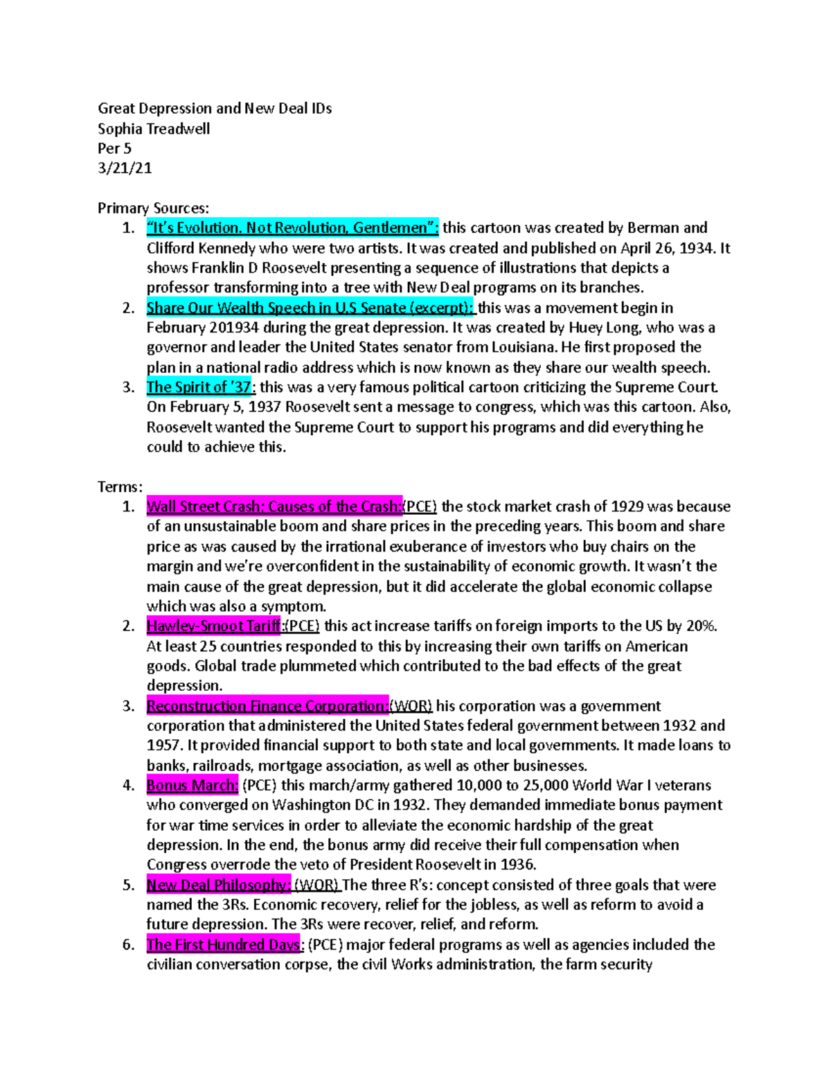 Great Depression & New Deal Overview (IDs) - Key Terms & Sources - Studocu