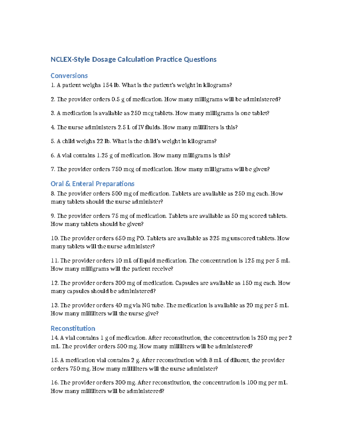 NCLEX Dosage Calculation Practice Questions (2) - Studocu