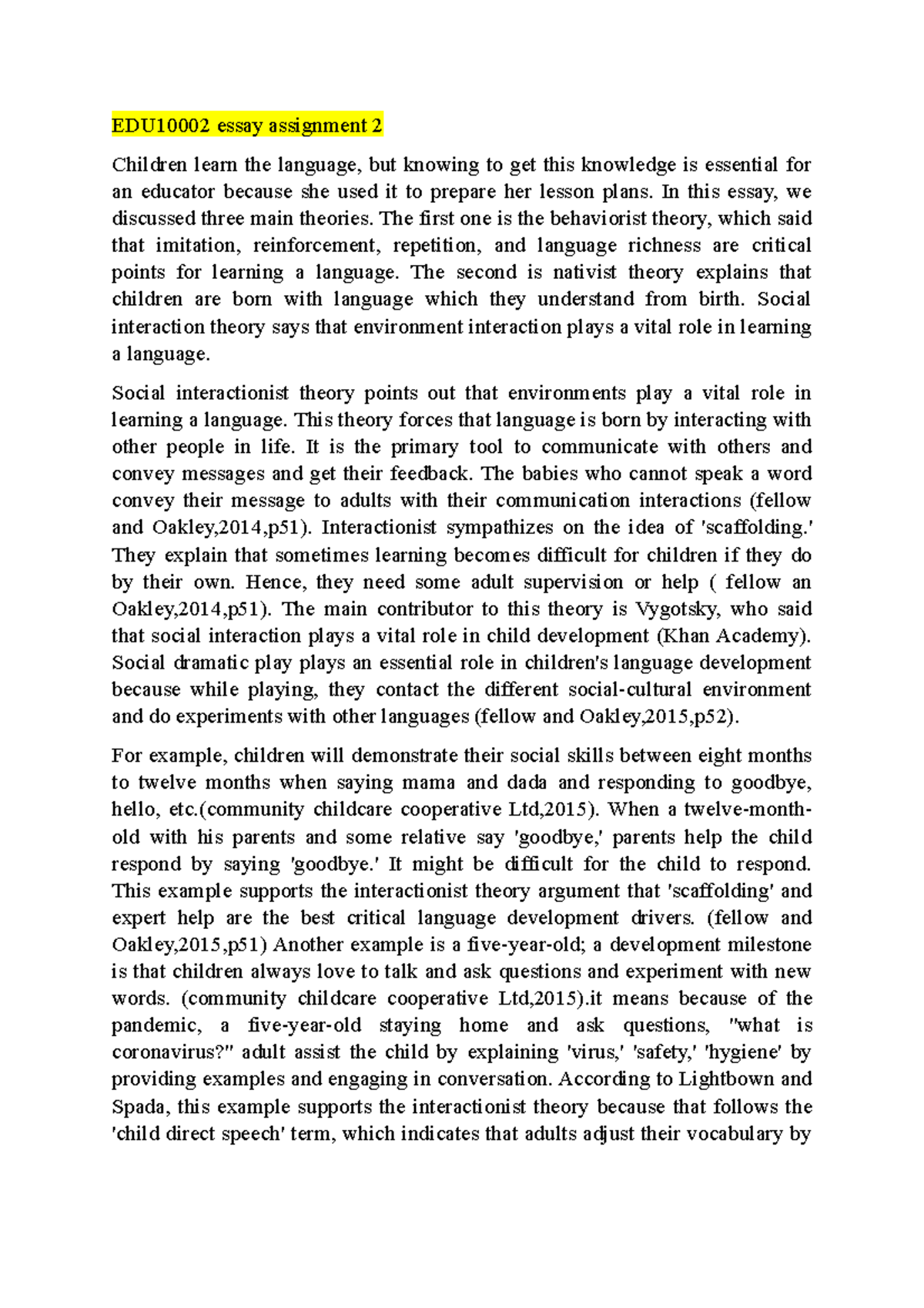 EDU10002 Essay Assignment 2: Theories of Language Acquisition - Studocu