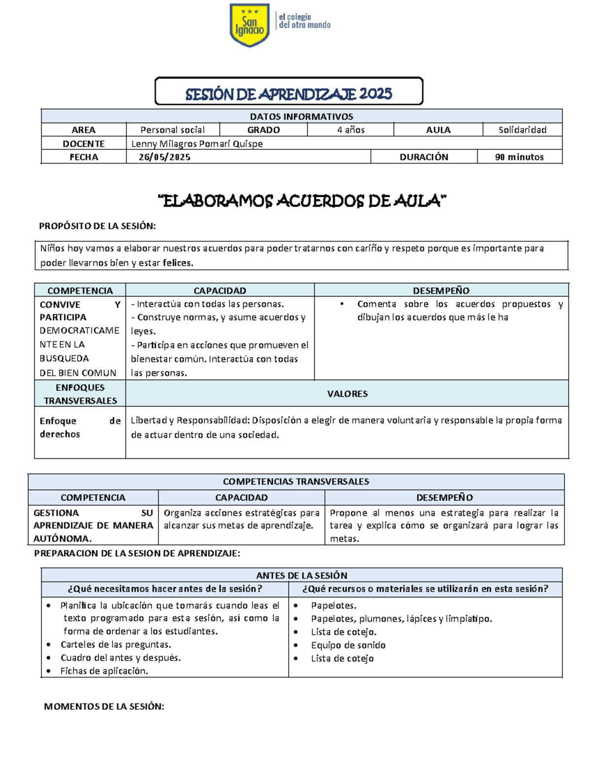 SESION DE APRENDIZAJE 2025: Normas de Convivencia para Grado 4 - Studocu