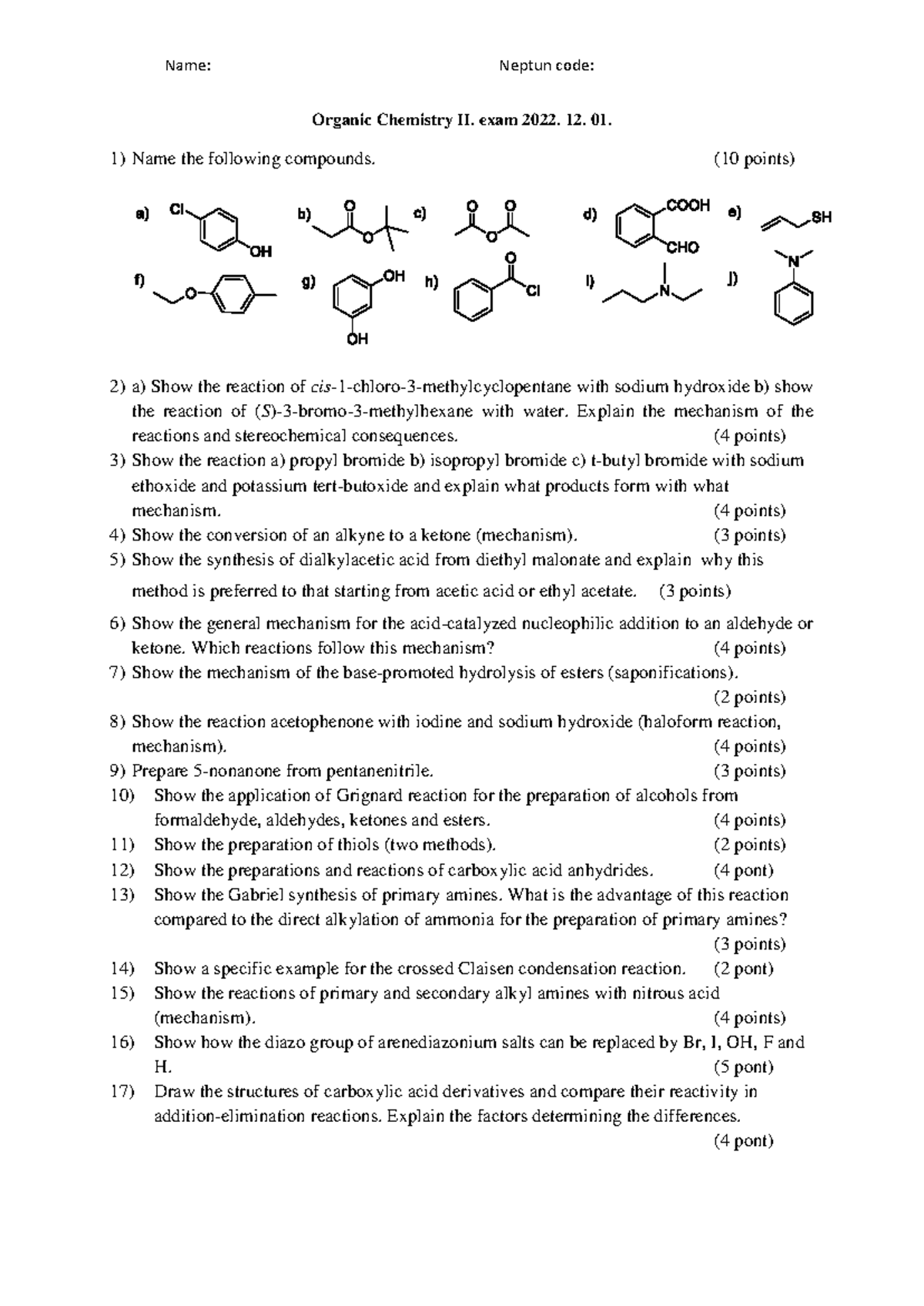 Organic Chemistry II Exam Sample - 2022-12-01 - Studocu