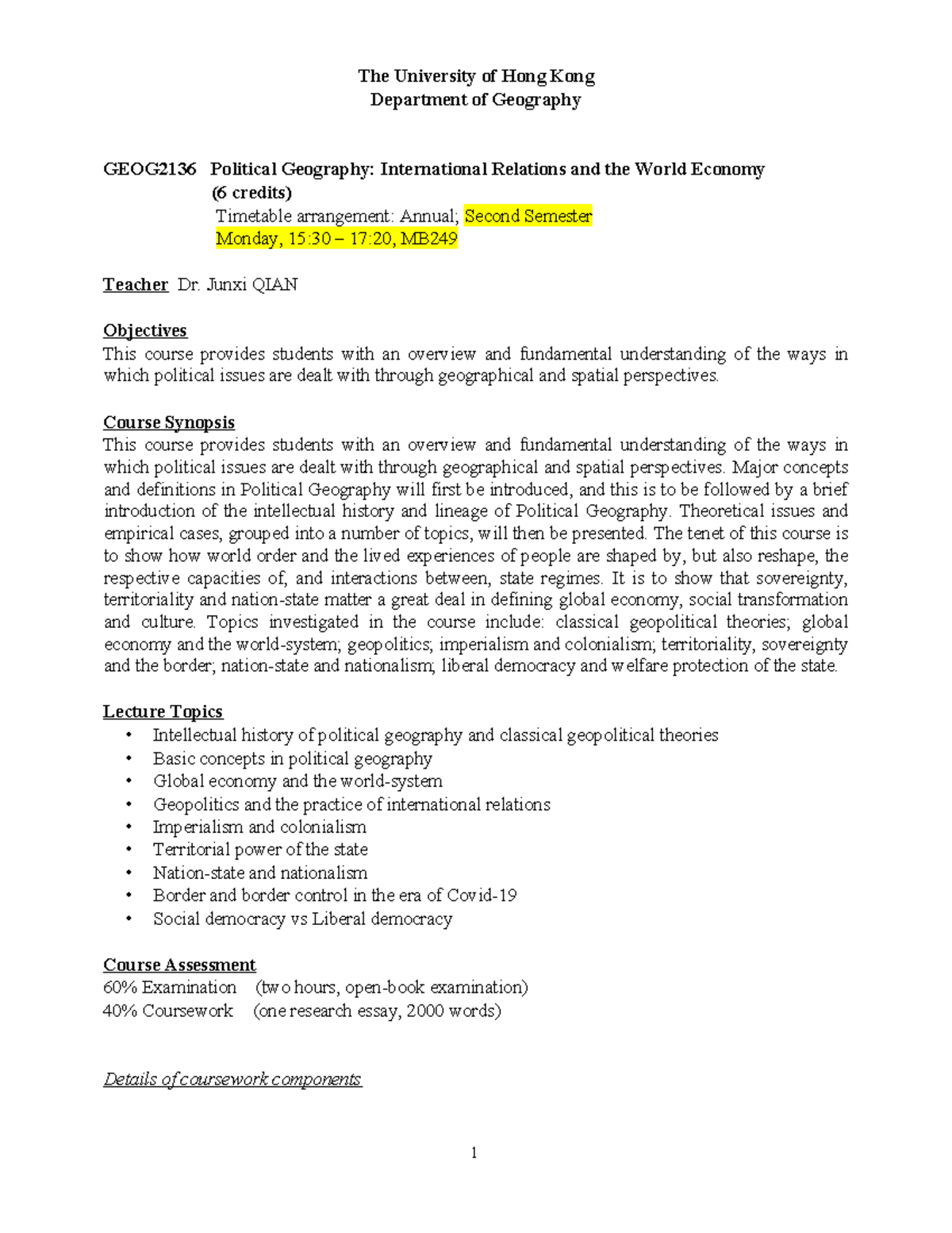 GEOG2136 Political Geography Course Outline 2024-25 - Studocu