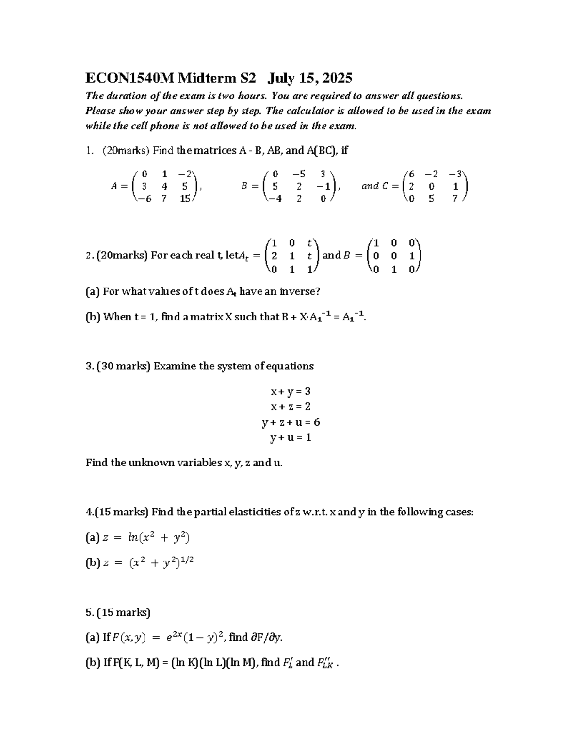 ECON1540M Midterm Exam S2 July 15, 2025 - Detailed Solutions - Studocu