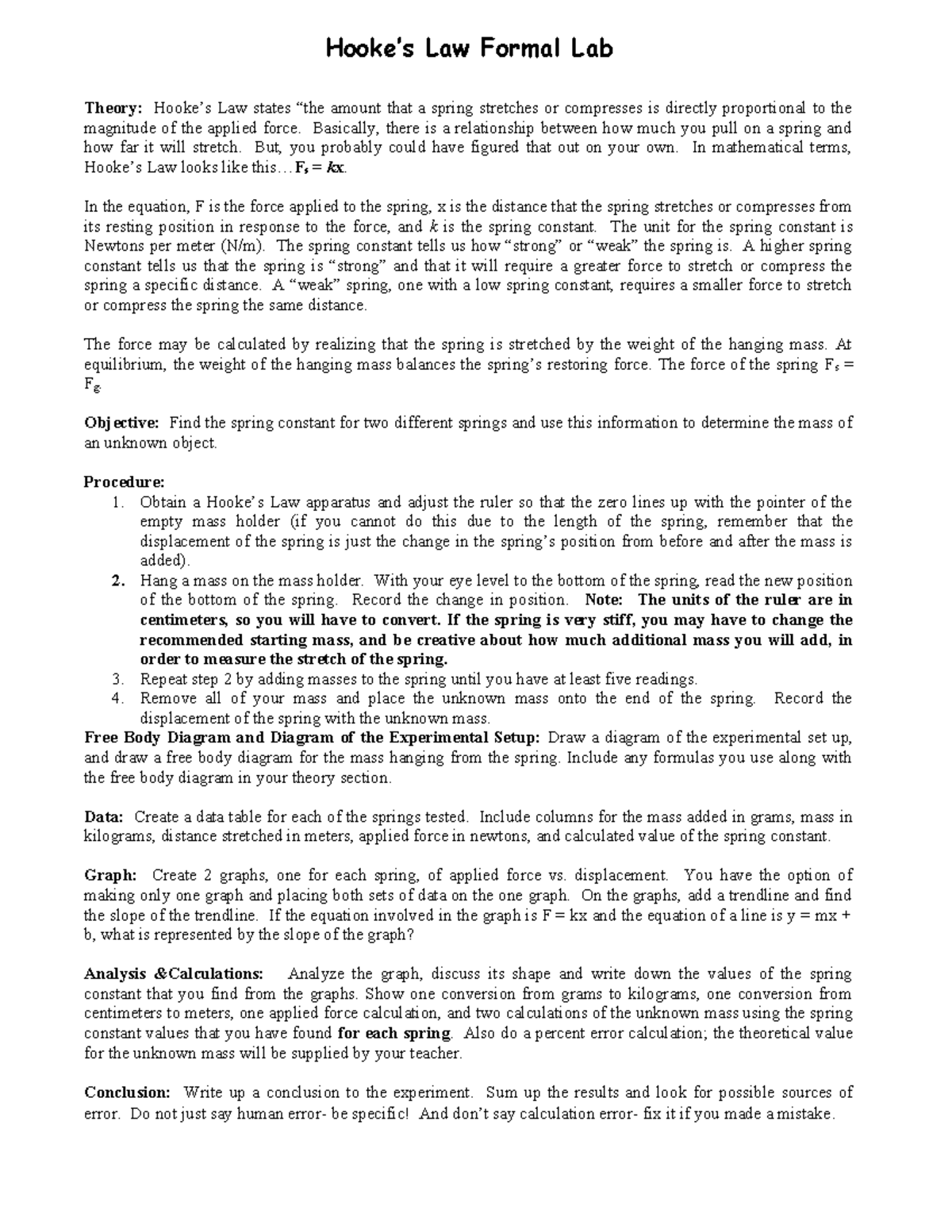 Hooke's Law Lab Report: Determining Spring Constants (PHYS 2015) - Studocu