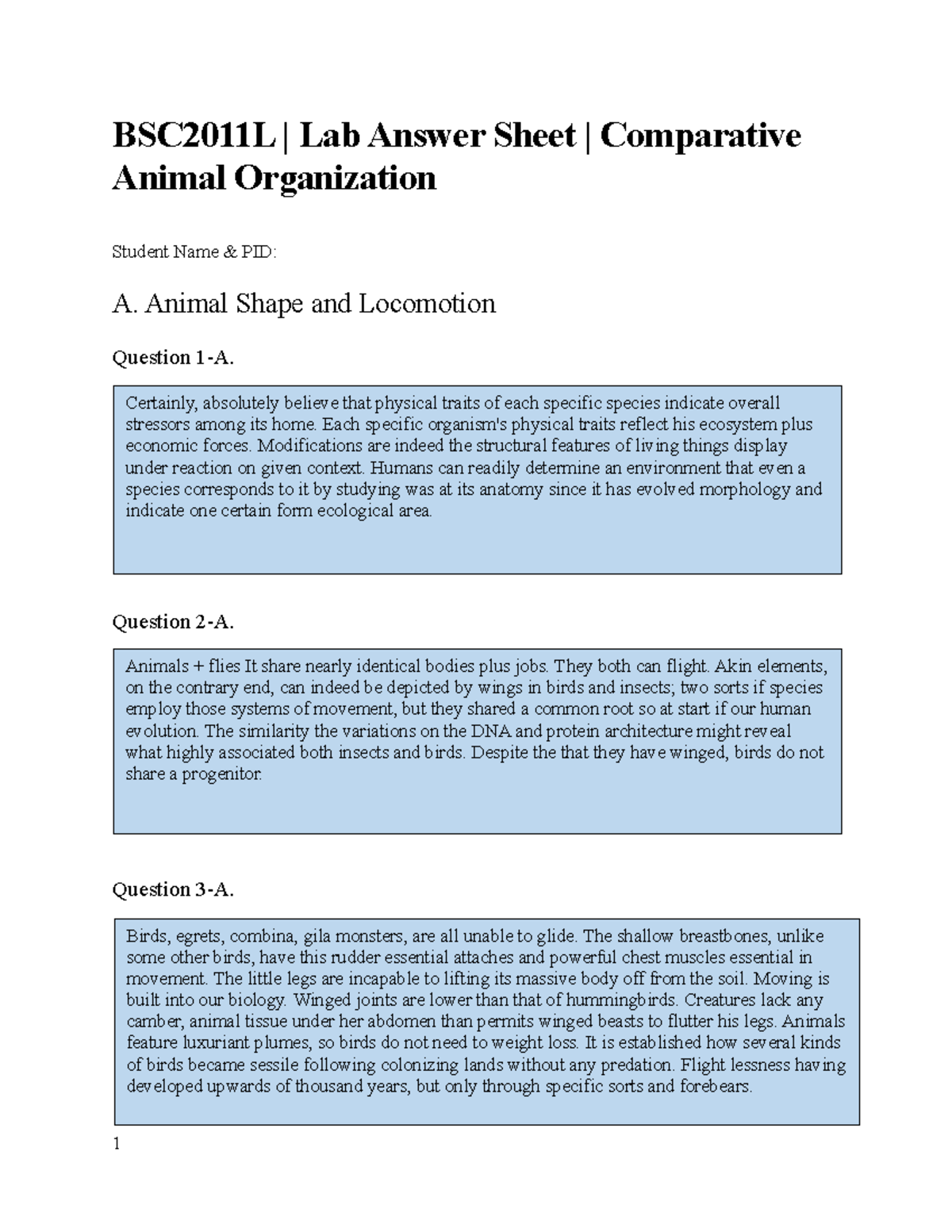 Lab 8 Answer Sheet - BSC2011L - Comparative Animal Org. Analysis - Studocu