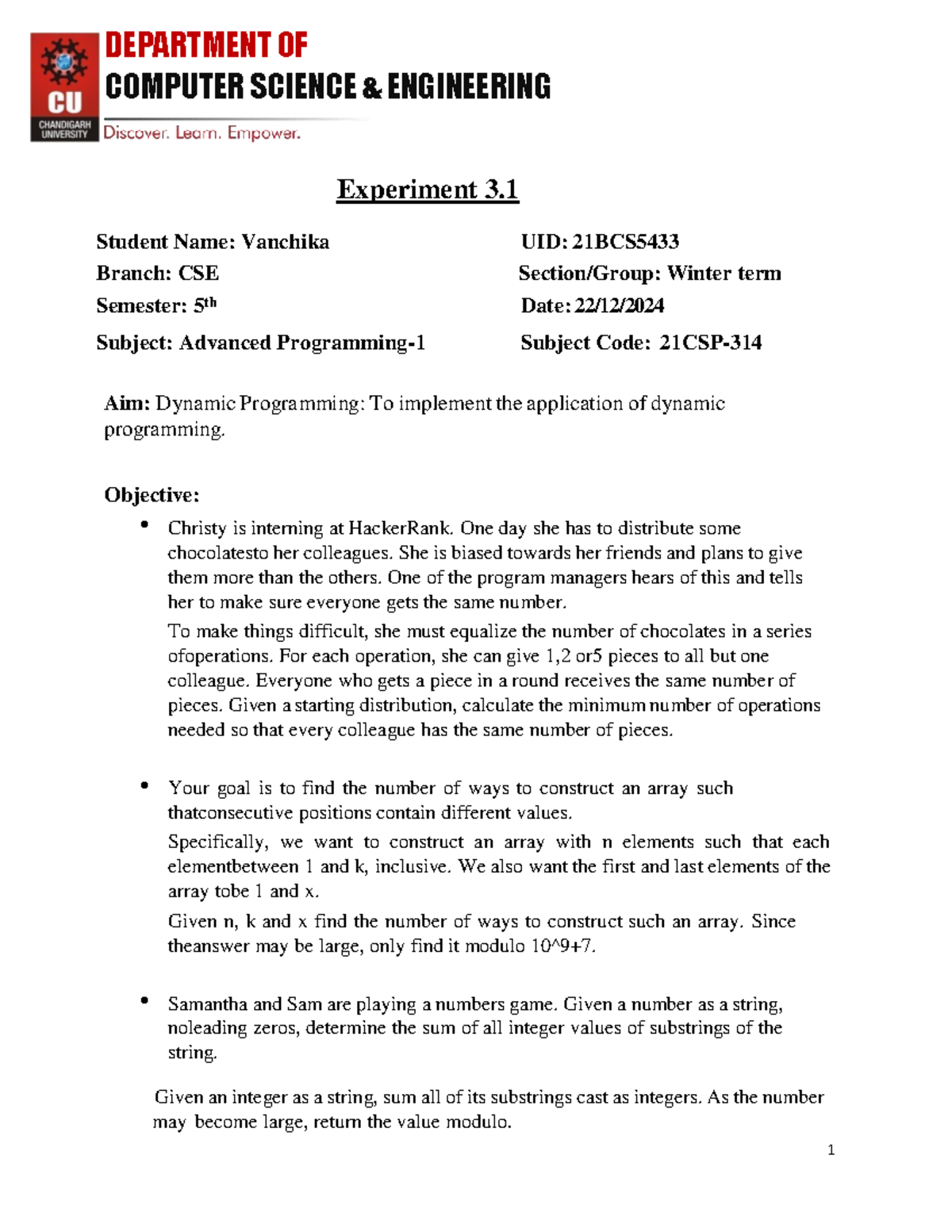 CSE 5th Sem Experiment 3.1: Dynamic Programming Applications - Studocu
