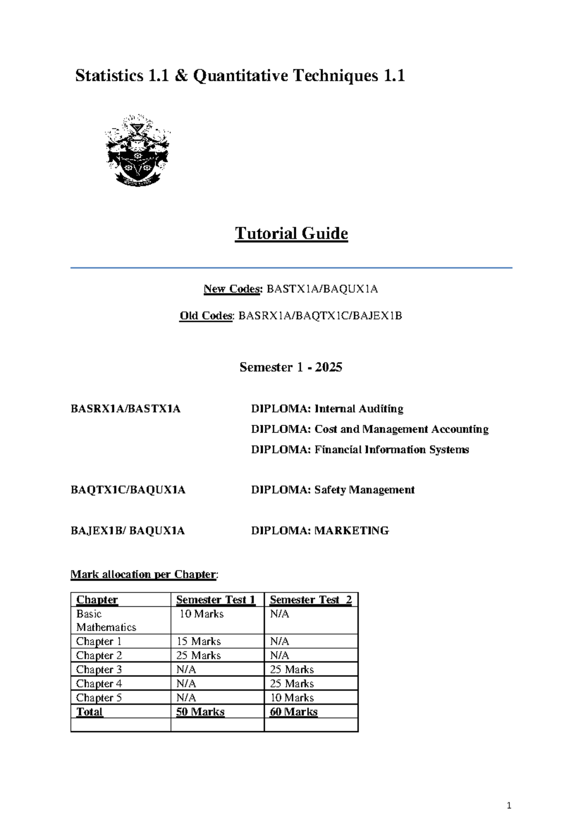 Tutorial Guide: Statistics 1 & Quantitative Techniques - BASTX1A ...