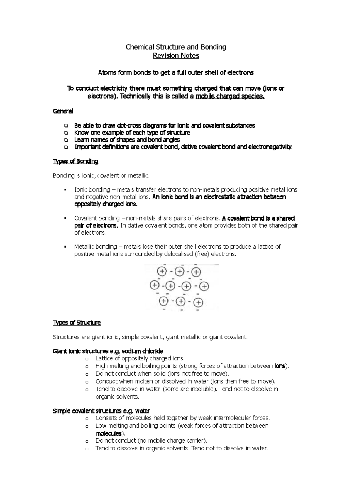 Chemical Bonding Revision Notes (Chem 101) - Studocu