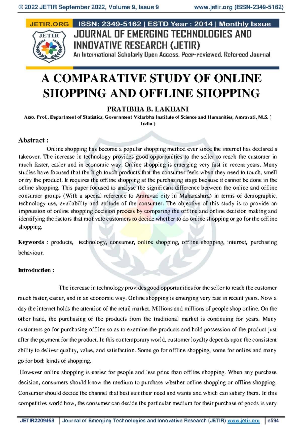 Comparative Study of Online vs Offline Shopping - Jetir 2209468 - Studocu
