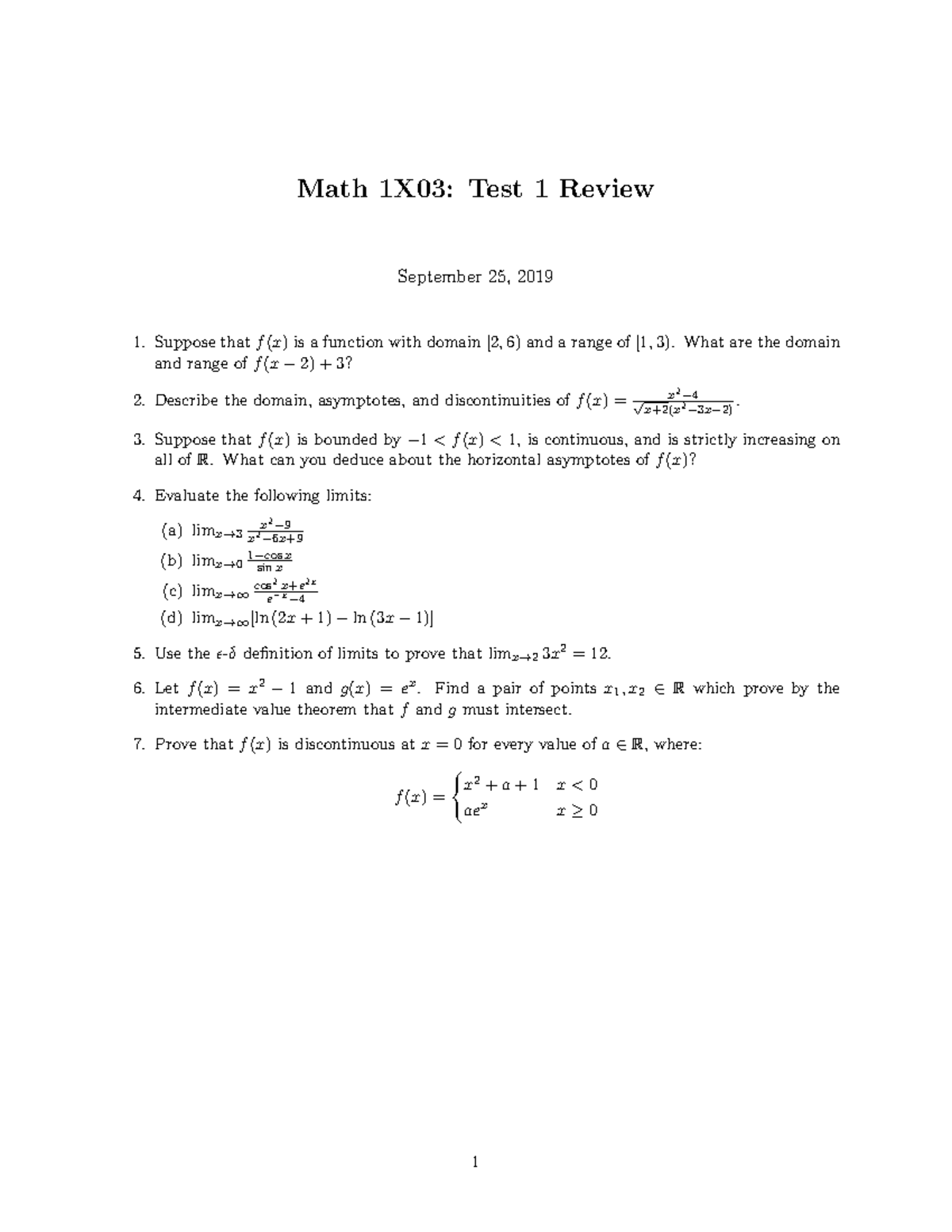 Math 1X03 - Test 1 Study Guide and Review Notes - Studocu