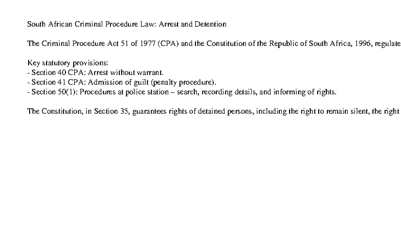 South African Criminal Procedure Law: Arrest & Detention Overview - Studocu