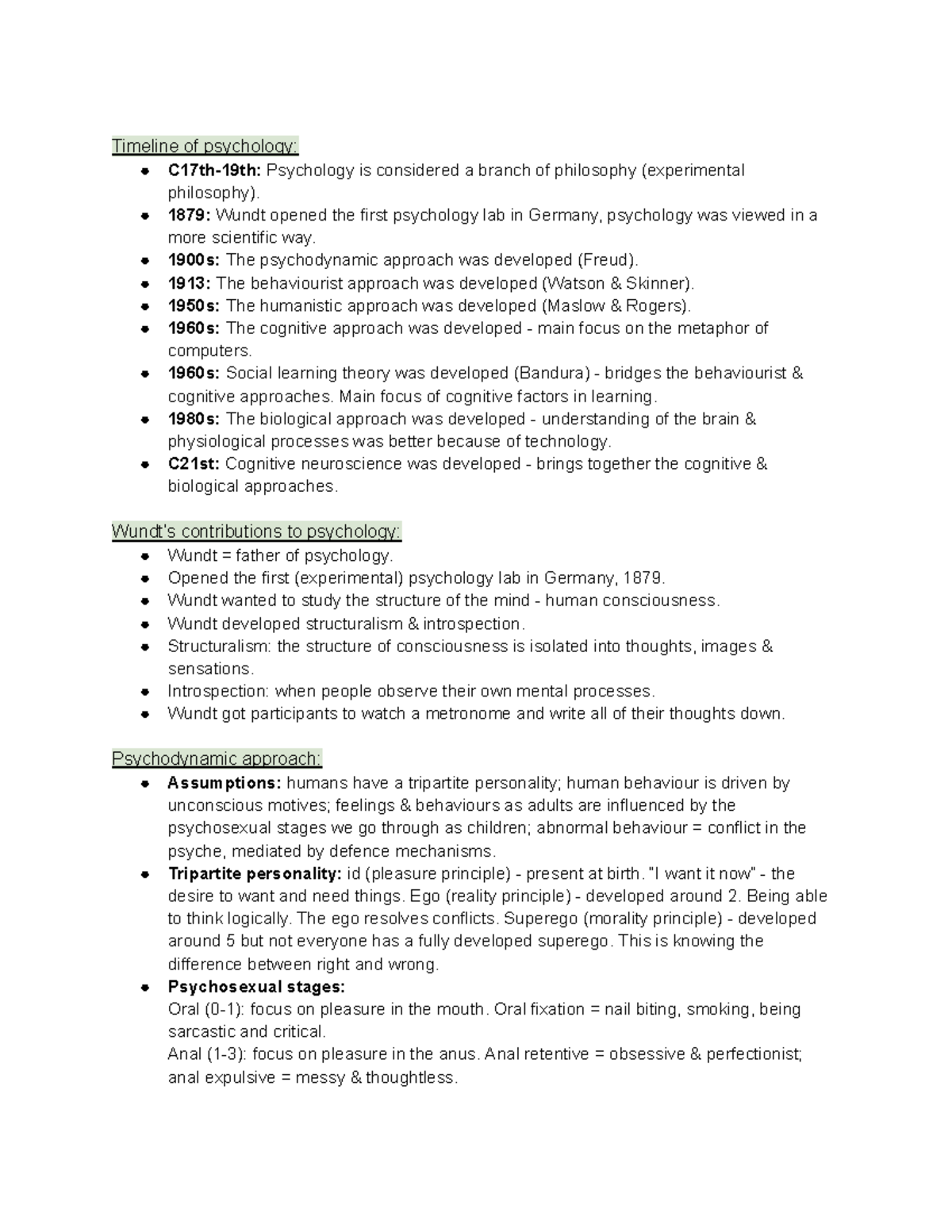 Psychology Approaches Timeline and Key Theories (PSY101) - Studocu