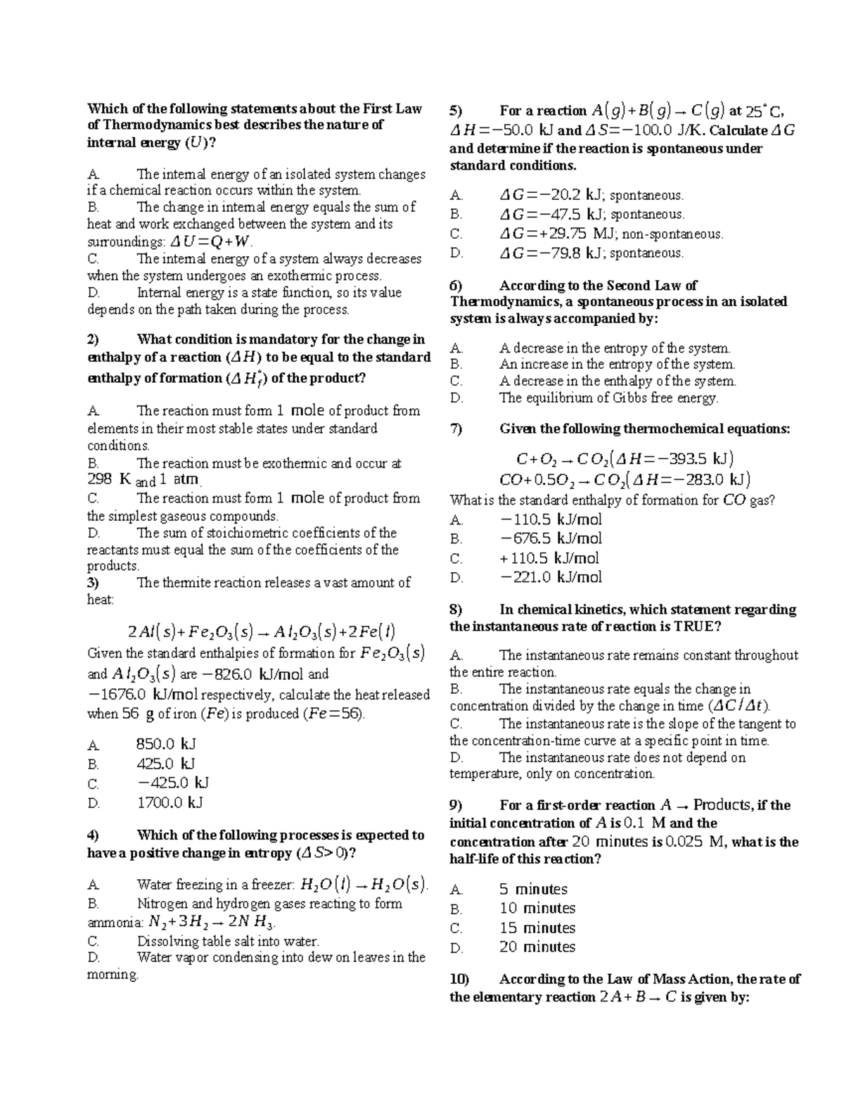 Đáp án General Chemistry Exam (Course Code: CHEM 101) - Studocu