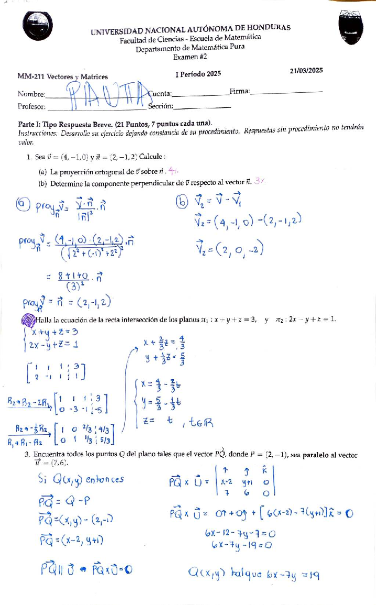 MM211 Examen 2 Pauta 1 - Vectores y Matrices 2025 - Document Preview