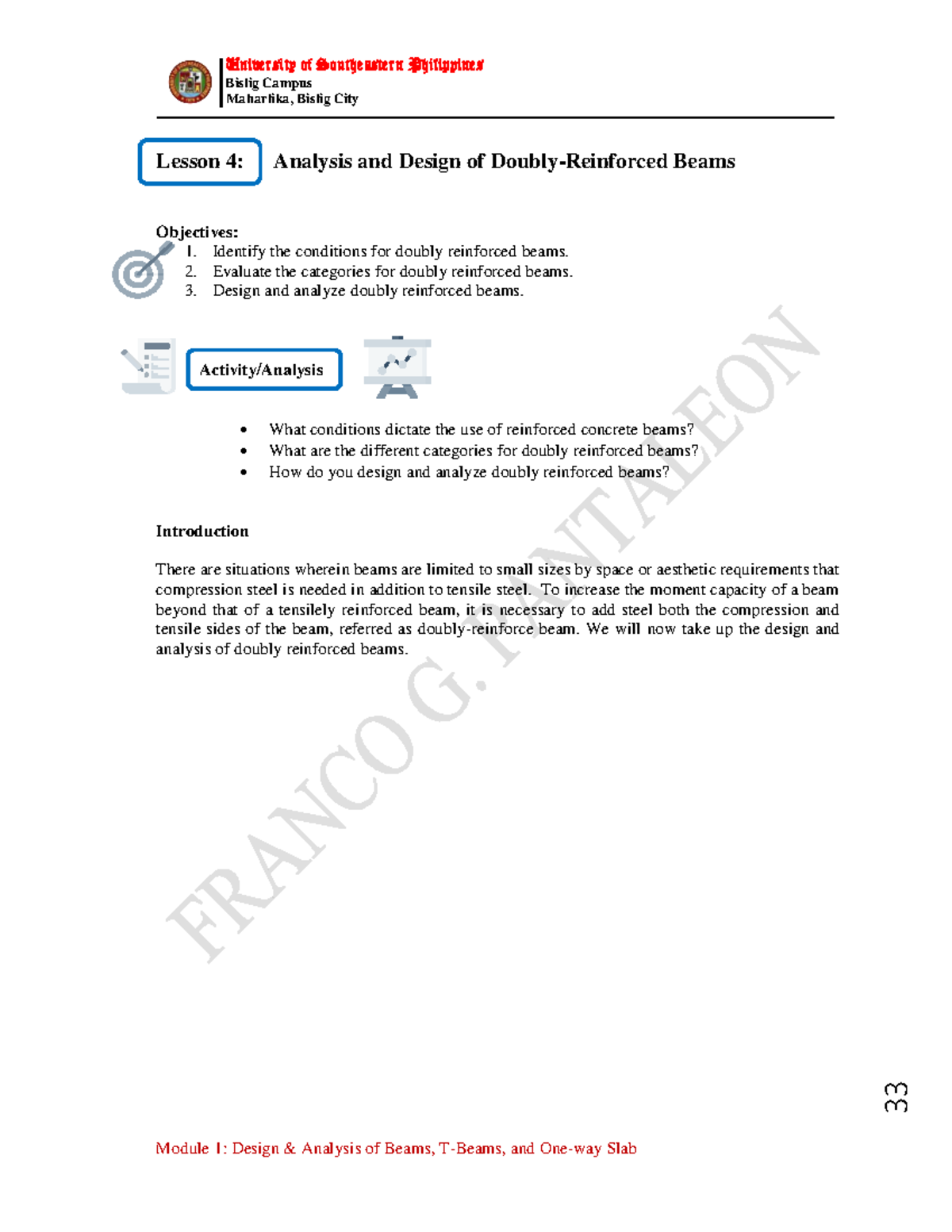 Lesson 4: Analysis and design of doubly reinforced beams (CE 101) - Studocu