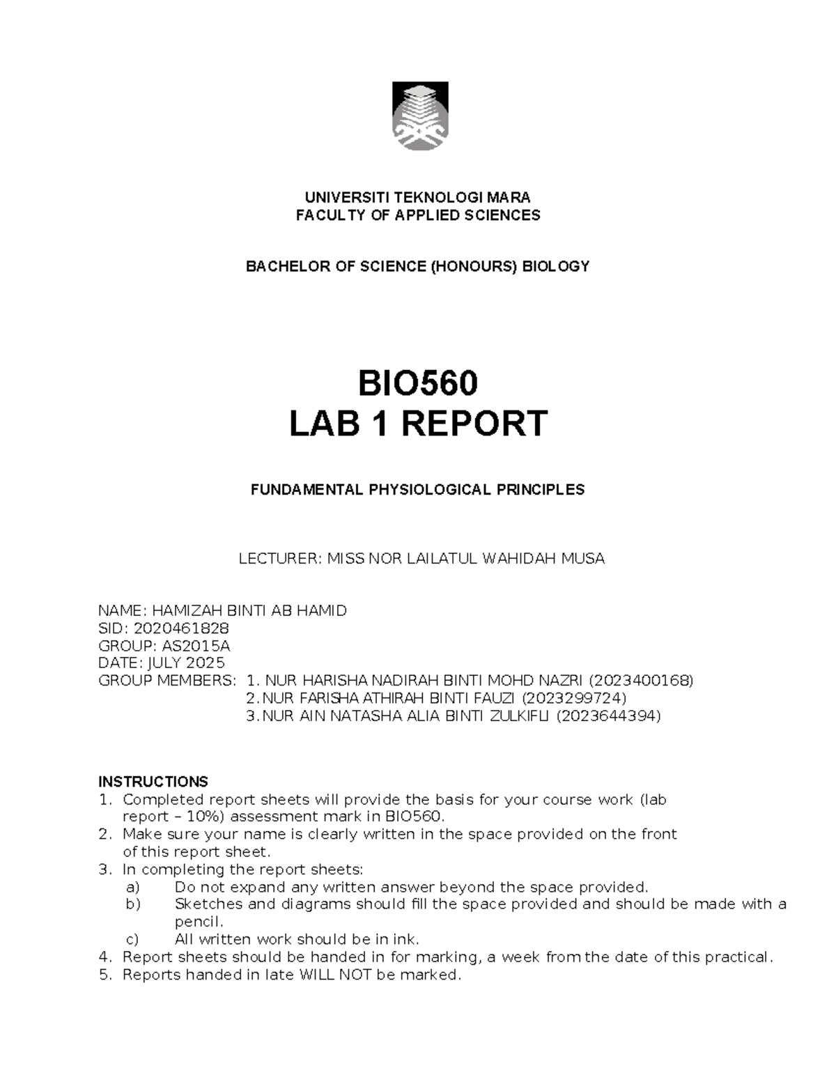 LAB Report BIO560: Fundamental Physiological Principles and Insulin ...