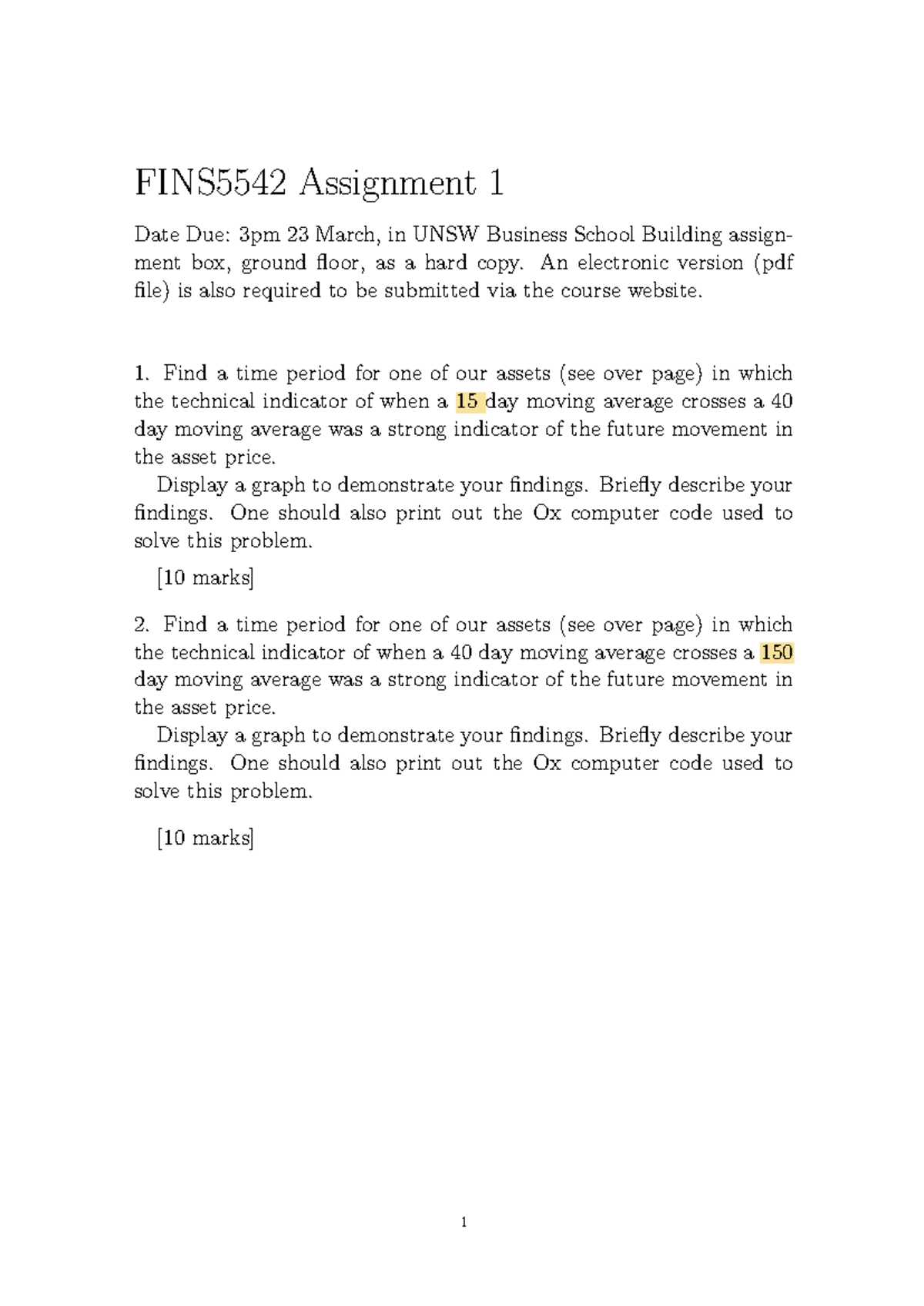FINS5542 Assignment 1: Analysis of Moving Averages in Asset Prices ...