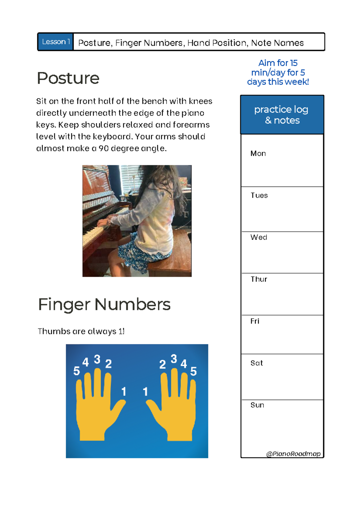 Worksheet: Lesson 1 - Posture, Finger Numbers, Hand Position, Note ...