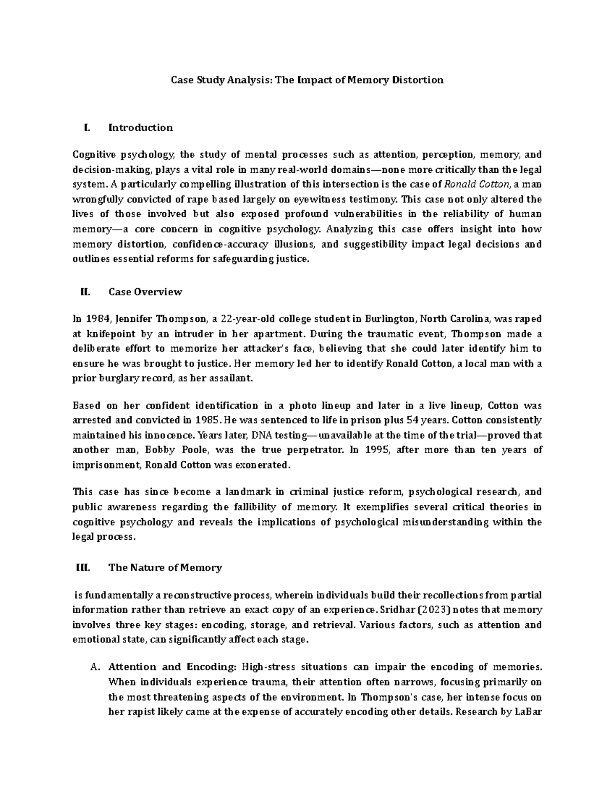 Cognitive Psychology Case Study: Memory Distortion in Ronald Cotton ...