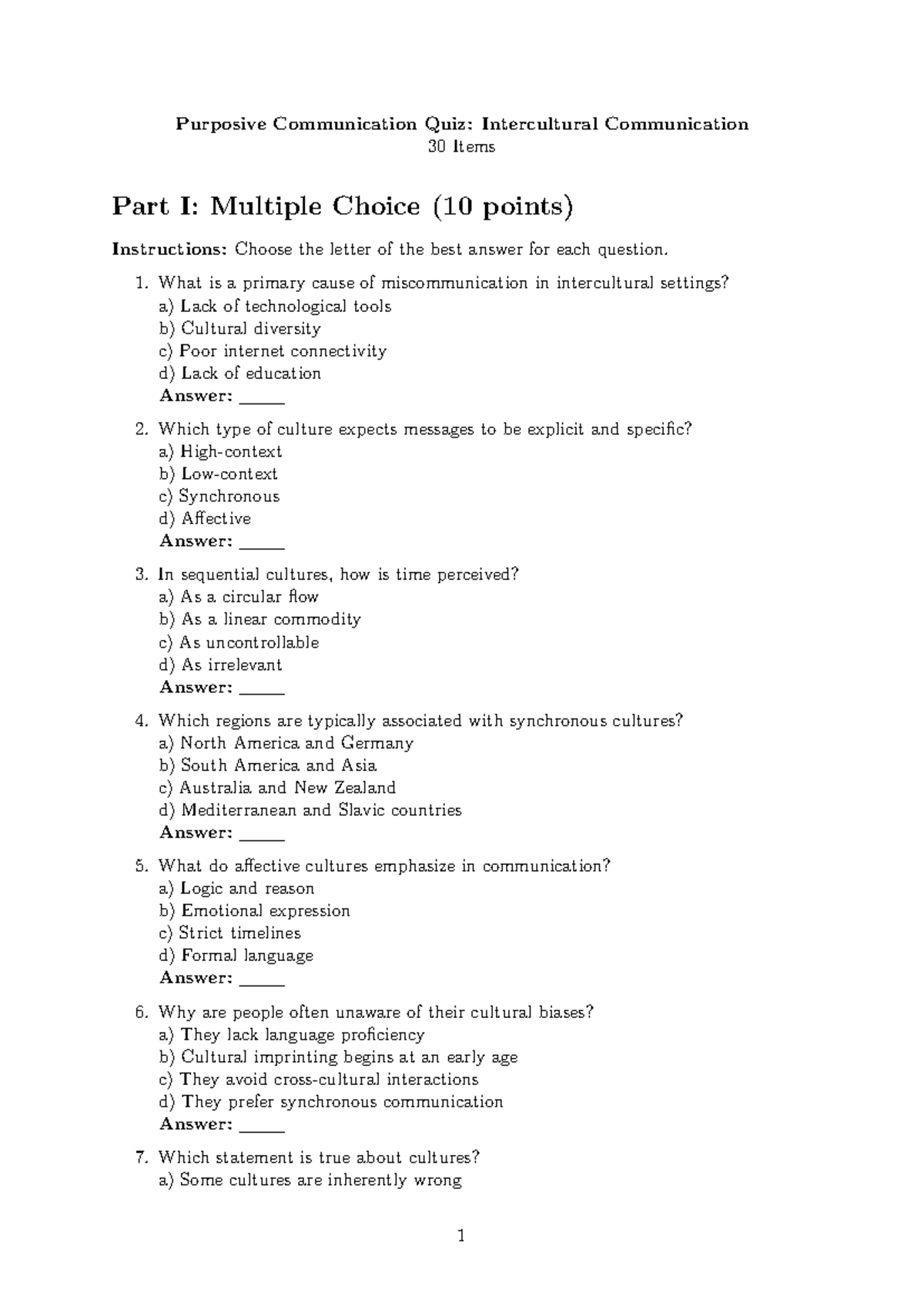 GEED 005 Quiz: Intercultural Communication 30 Items MCQ Practice - Studocu