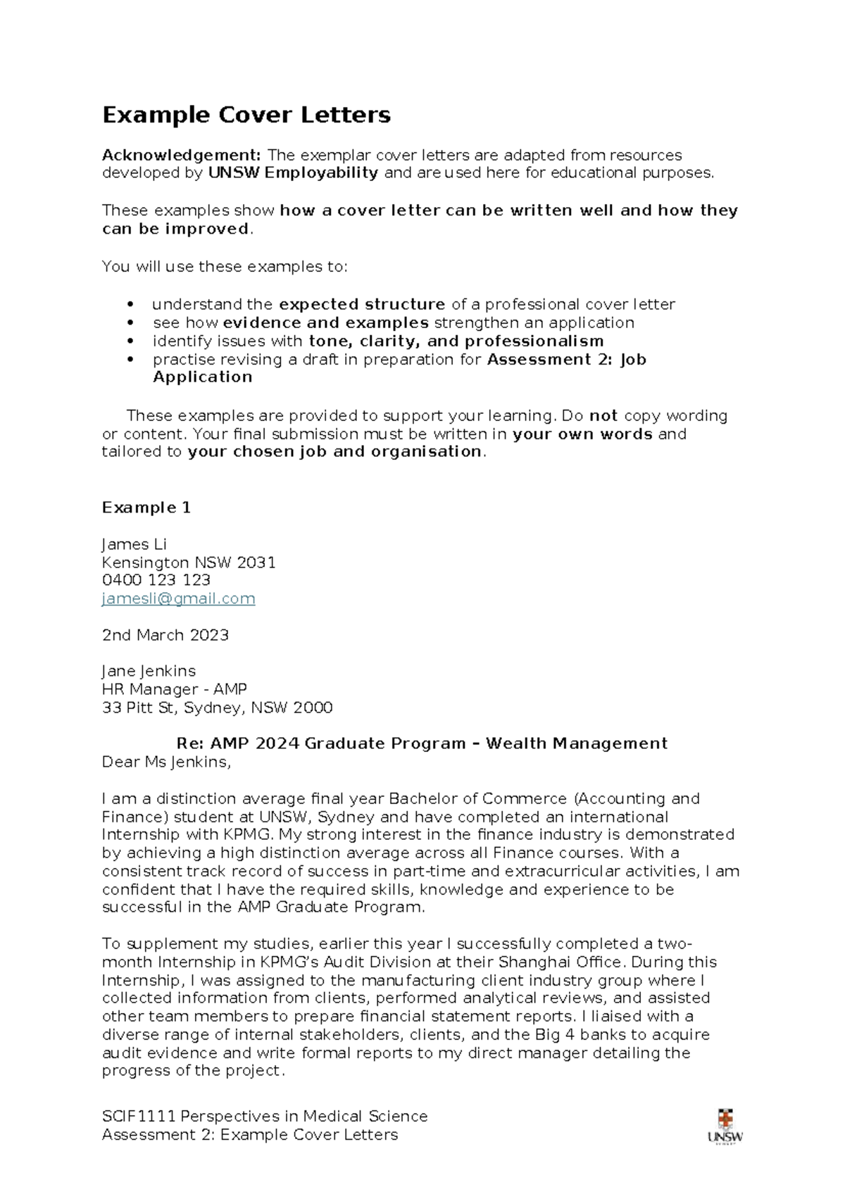 Cover Letters Examples for Assessment 2: Job Application (PSM) - Studocu
