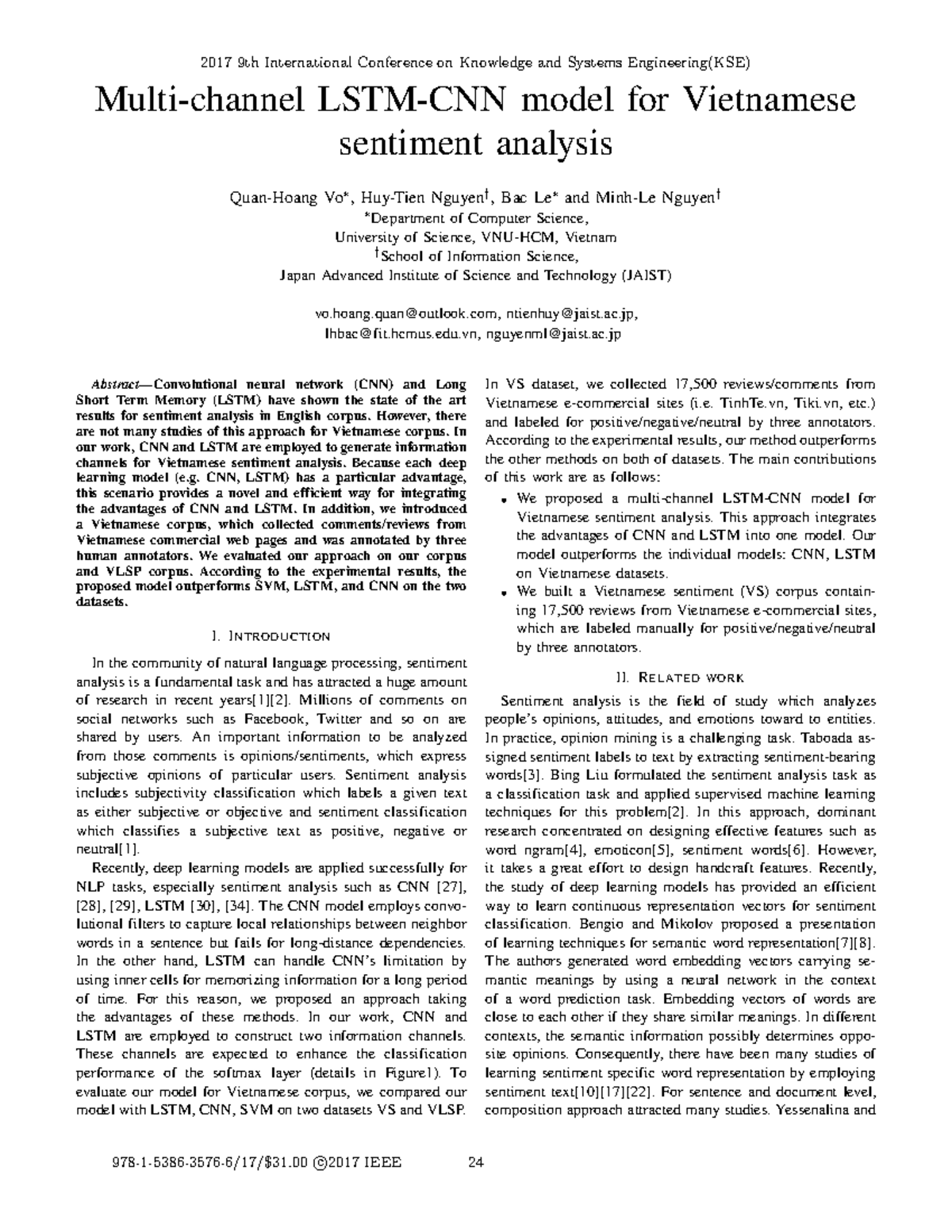 Modeling Vietnamese Sentiment Analysis with CNN and LSTM (KSE 2017 ...
